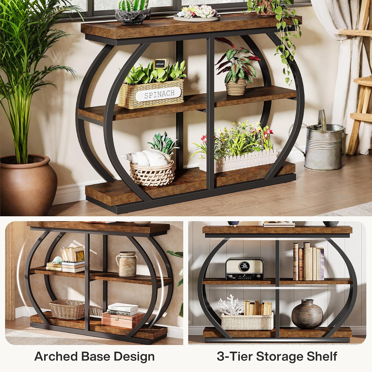 Tribesigns 41.3' Console Table, Industrial 3-Tier Entryway Table with Arched Metal Frame and Storage Shelves for Living Room, Hallway, Rustic Brown
