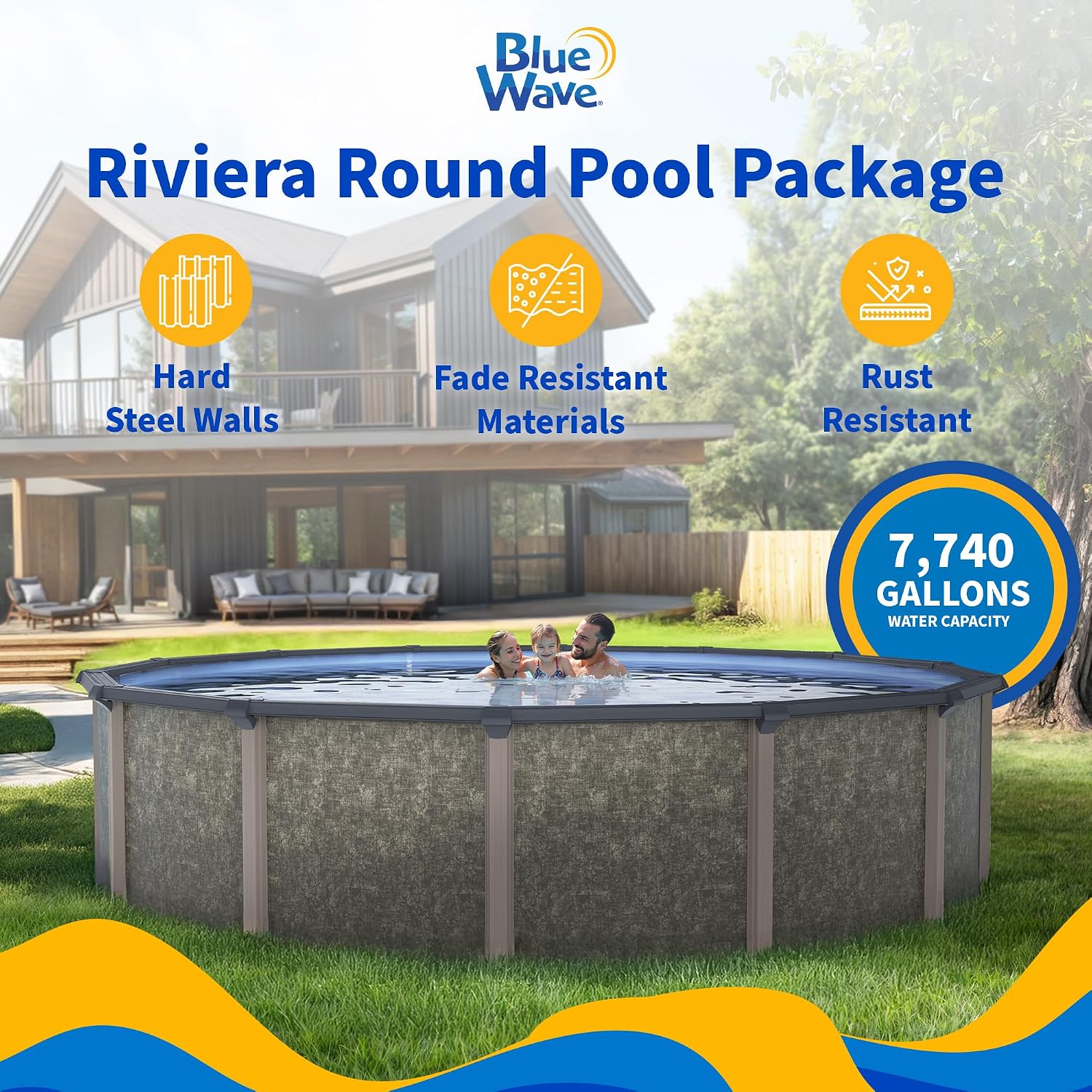 Riviera 18-ft Round 54-in Deep 8-in Top Rail Metal Wall Swimming Pool Package