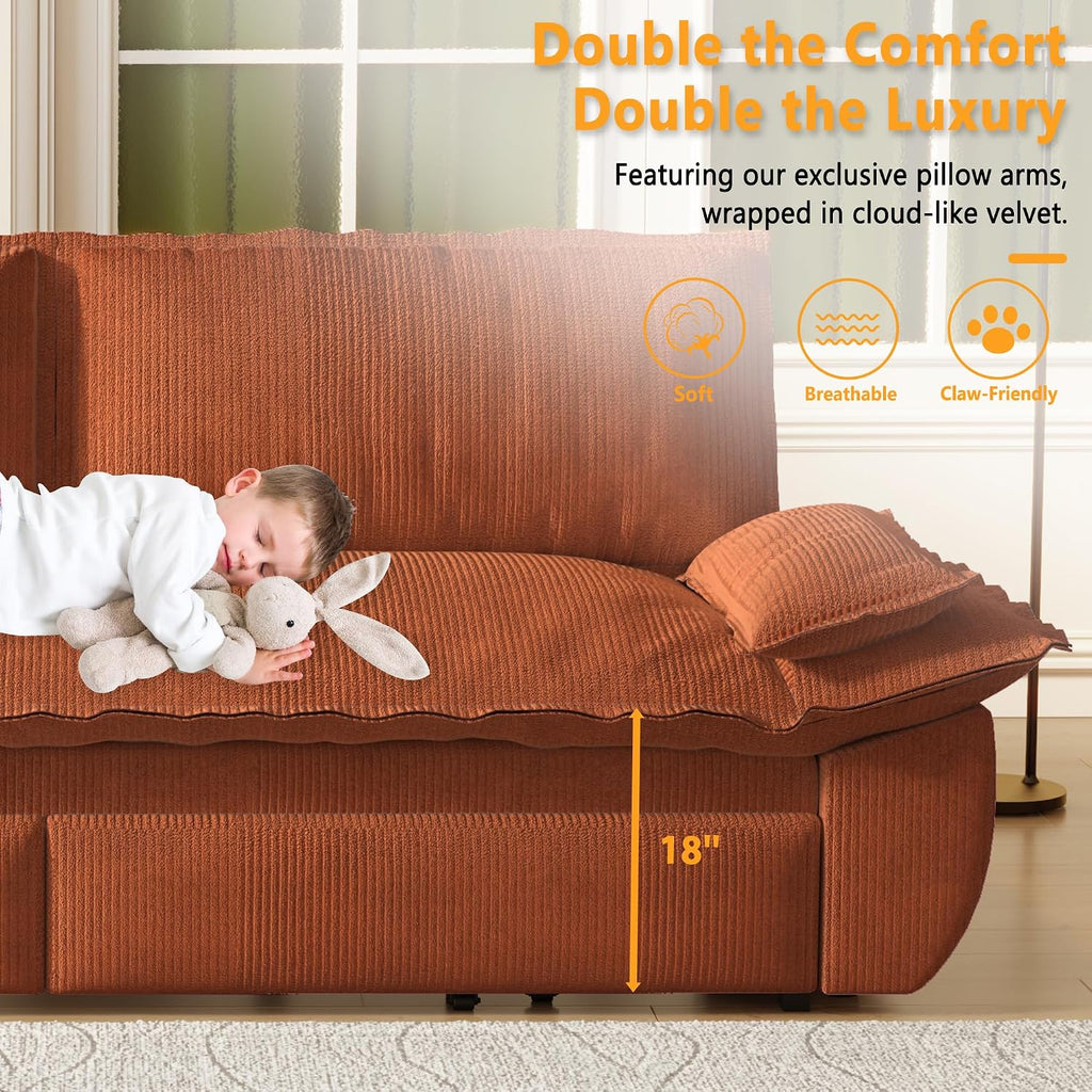 73.2' Sofa Bed Queen Size, Pull Out Couch Bed, 3-in-1 Convertible Sleeper Sofa with Cushion Armrest, Modern Corduroy Futon Couch for Living Room, Small Space, Apartment, Bedroom, Orange