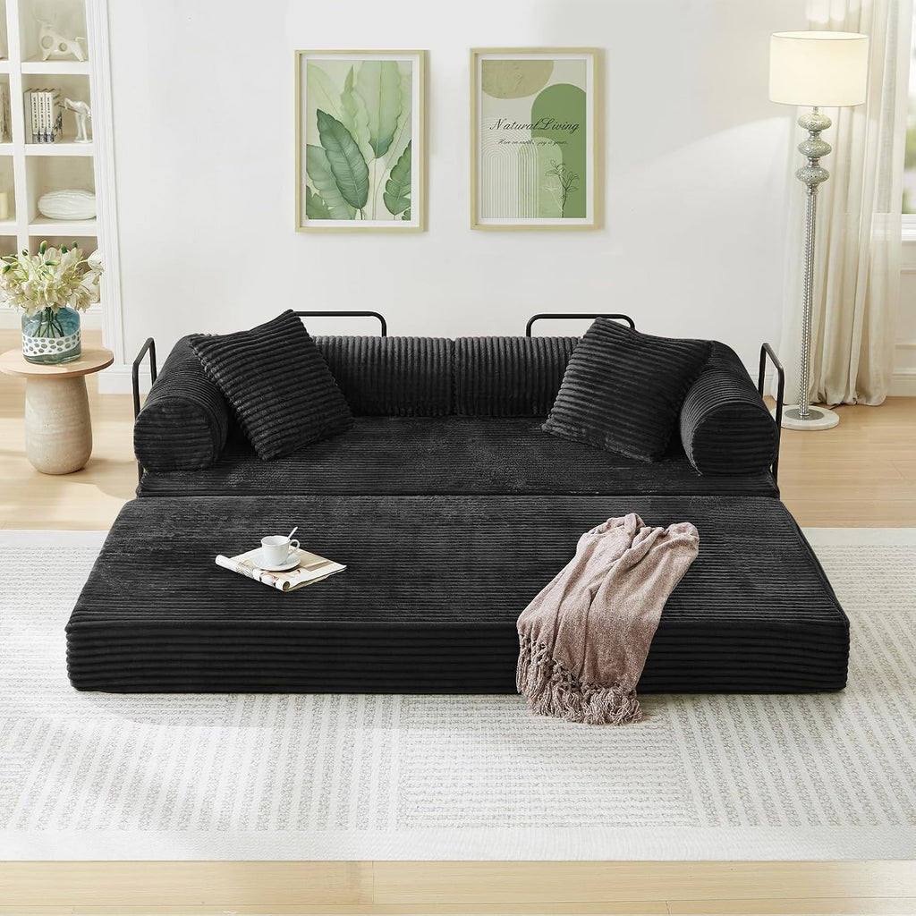 Antetek Modular Couch Bed, Convertible Folding Plush Corduroy Comfy Floor Compression Loveseat Sleeper Sofa Couch, King Size Bed for Guest Room Living Room Bedroom, No Assembly Required, Black