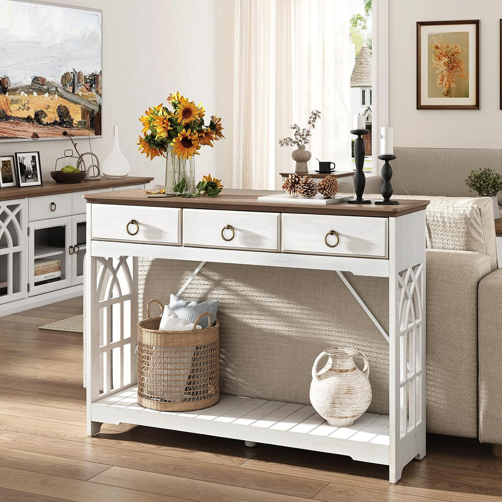 JOINICE,43' Console Tables with Drawers,Farmhouse Entryway Table with Shelf and Solid Wood Legs,Narrow Long Rustic Vintage Sofa Foyer Tables for Entryway,White