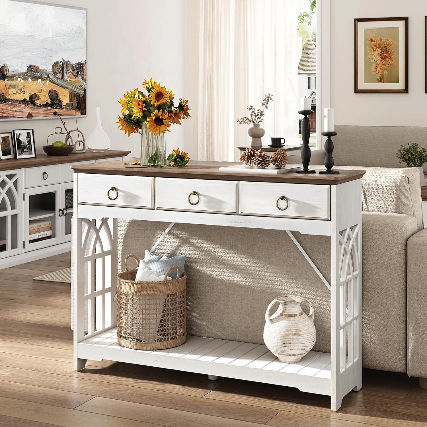 JOINICE,43' Console Tables with Drawers,Farmhouse Entryway Table with Shelf and Solid Wood Legs,Narrow Long Rustic Vintage Sofa Foyer Tables for Entryway,White
