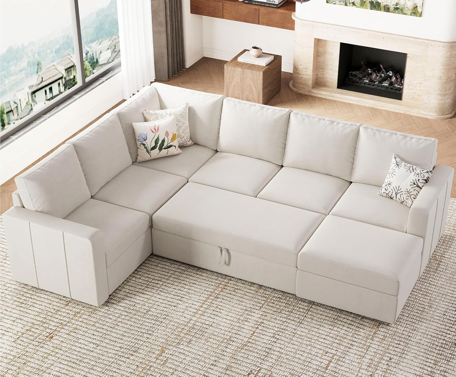 Belffin Modular Sectional Sleeper Sofa with Pull Out Couch, U Shaped Sleeper Pull Out Bed, Convertible Sectional Couches for Living Room, Beige