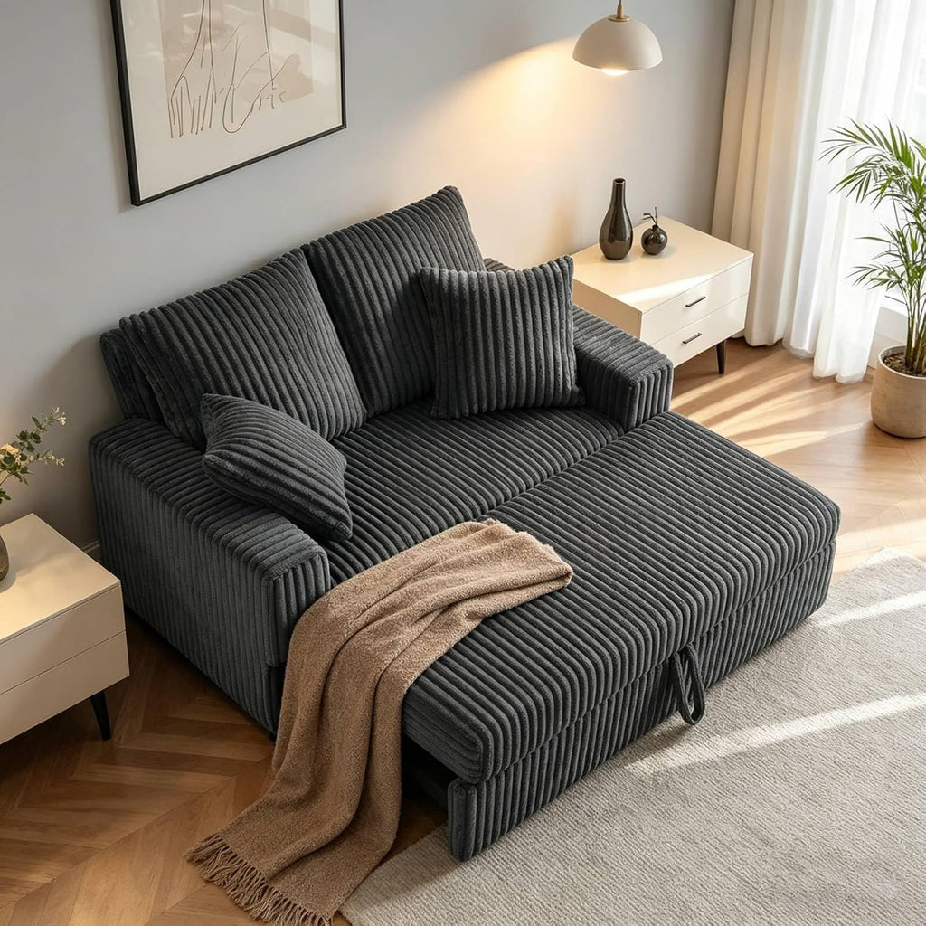 3 in 1 Convertible Sofa Bed，52.8' Pull Out Couch with Side Pockets，Modern Corduroy Fabric Loveseat Sleeper Sofa with Adjustable Backrest for Living Room Bedroom Apartment (Gray Corduroy)