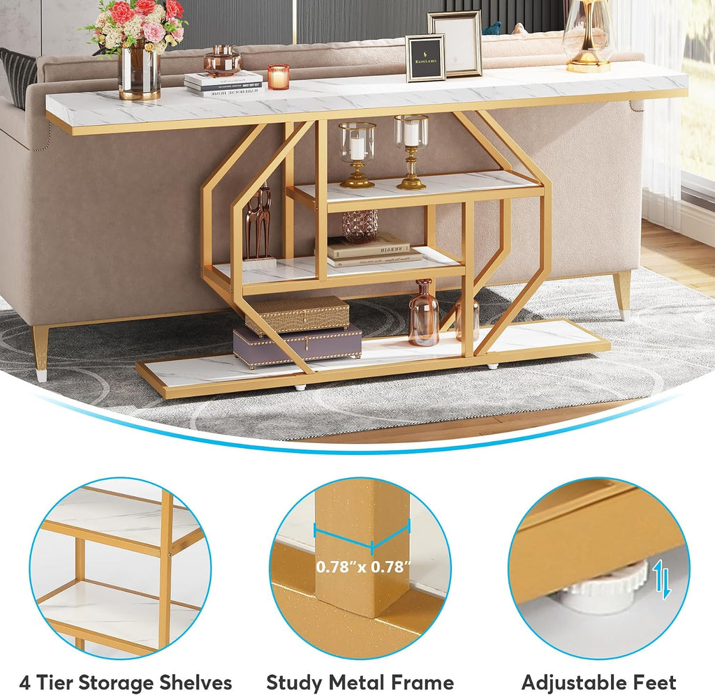 Tribesigns 70.9 inch Extra Long Console Table, Modern Gold Sofa Table Behind Couch with Storage, 4 Tier Entryway Accent Table for Living Room, Hallway, Entrance, Faux Marble White