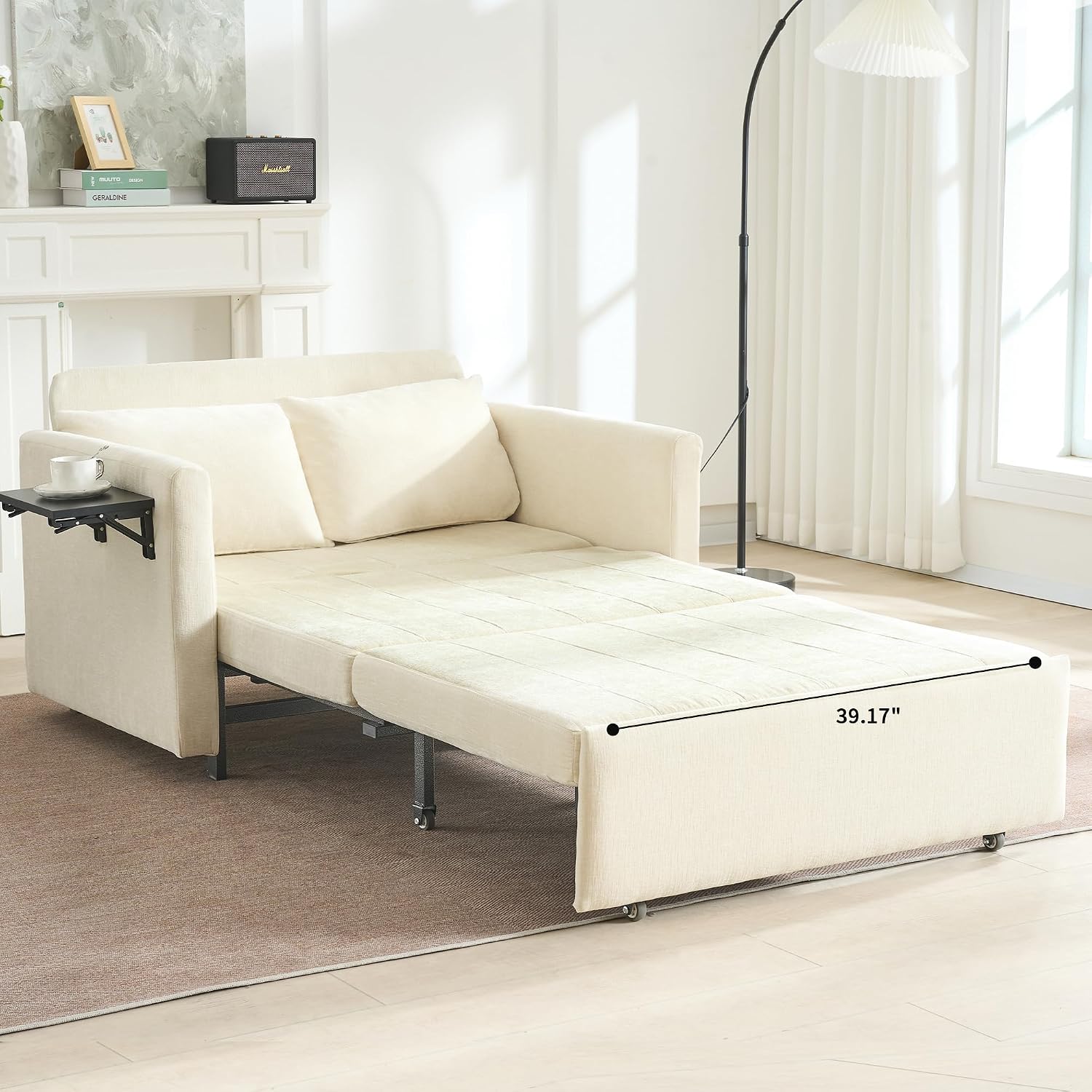 45' Oversize 3-in-1 Sleeper Chair, 75' Long Pull-Out Sleeper Sofa Bed with Wing Table and Side Pocket for Living Room, Bedroom, Small Space, Beige