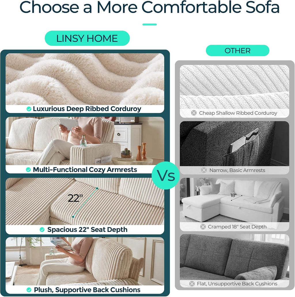 LINSY HOME Loveseat Sofa Couch with USB Charging & Cup Holders, Convertible Pull Out Couch Chaise 2 Seater Sofa, Comfy Plush Corduroy Love Seat for Small Spaces Living Room Apartment (Beige)
