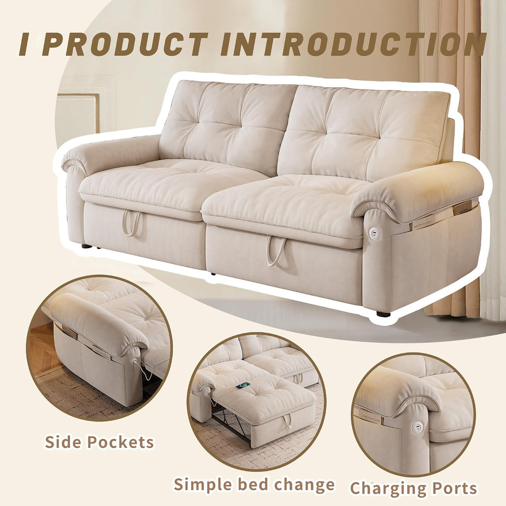 77' Sleeper Sofa Bed, Convertible Pull Out Couch with Velvet Fabric, 3-in-1 Loveseat L Shaped Couch Bed with Adjustable Backrest, Side Pocket & USB Ports for Living Room Apartment, White
