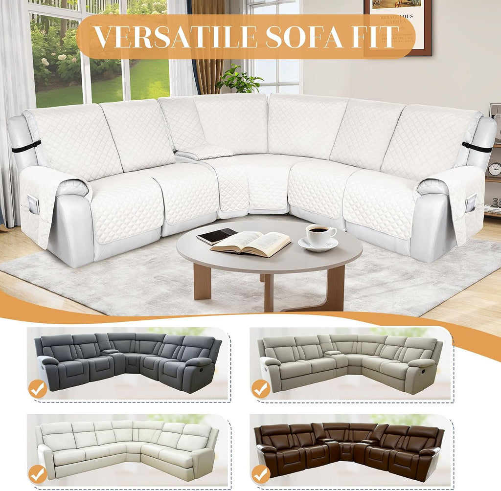 HDCAXKJ 100% Waterproof Reclining Sectional Couch Covers L Shape Recliner Sofa Cover Washable Quilted Soft Pet Dog Corner Recliner Slipcovers with Pockets (5 Seat and 1 Middle Console, Ivory White)