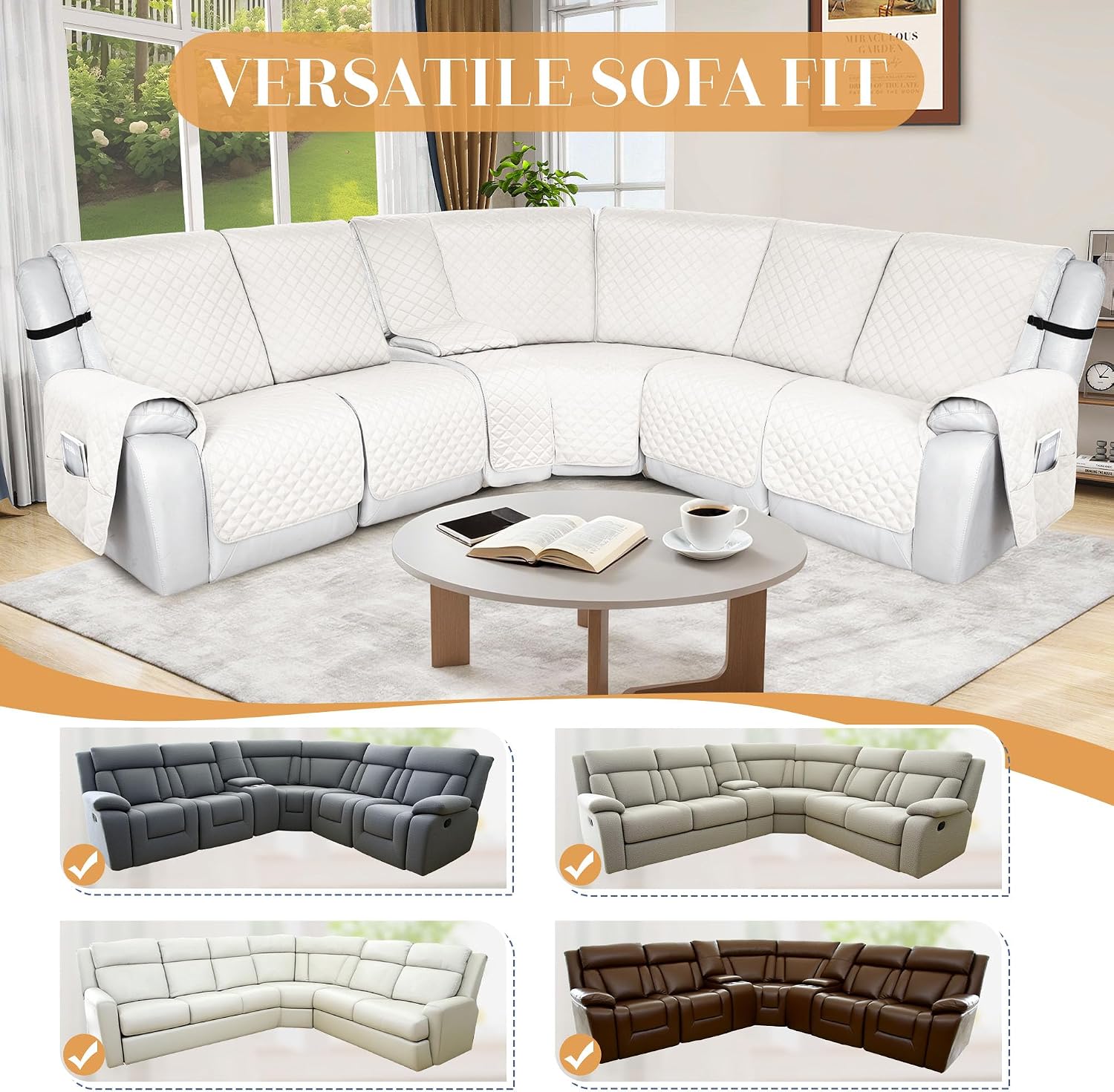 HDCAXKJ 100% Waterproof Reclining Sectional Couch Covers L Shape Recliner Sofa Cover Washable Quilted Soft Pet Dog Corner Recliner Slipcovers with Pockets (5 Seat and 1 Middle Console, Ivory White)