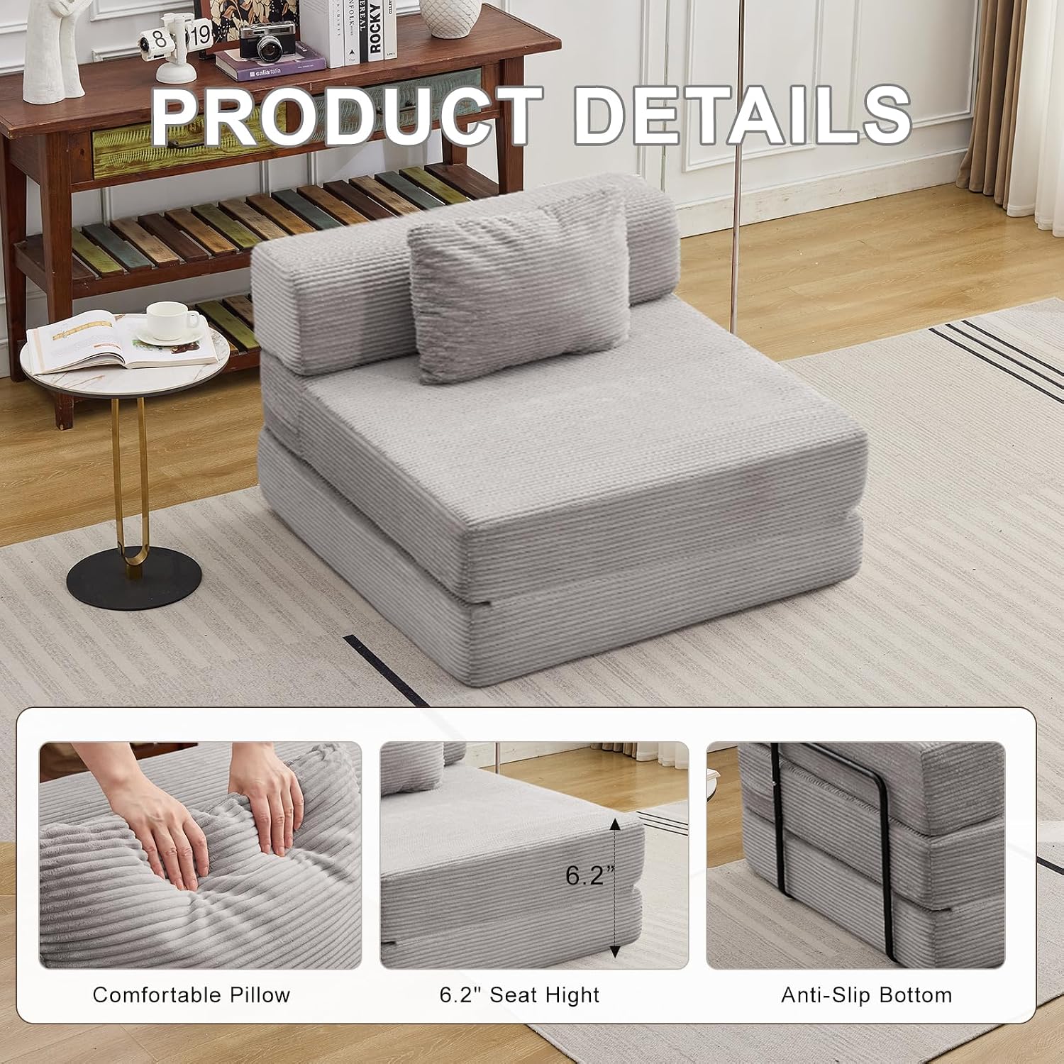 Folding Sofa Bed, Convertible Sleeper Chair with Pillow, Single Sofa with Back Support, Portable Fold Out Chair Cloud Couch Bed, Comfy Floor Sofa Lounge for Living Room Bedroom, Light Grey