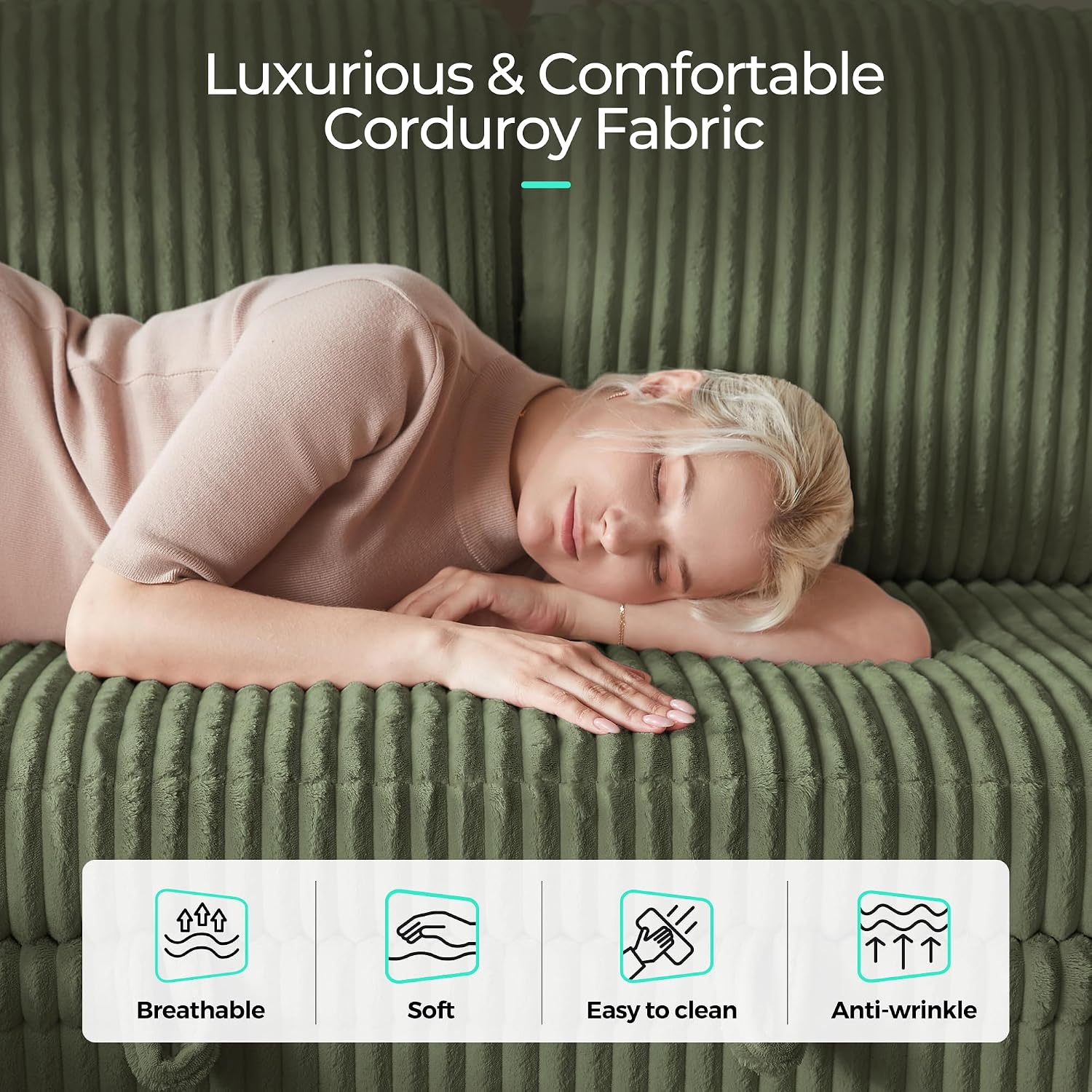 LINSY HOME Loveseat Sofa Couch with USB Charging & Cup Holders, Convertible Pull Out Couch Chaise 2 Seater Sofa, Comfy Plush Corduroy Love Seat for Small Spaces Living Room Apartment (Green)