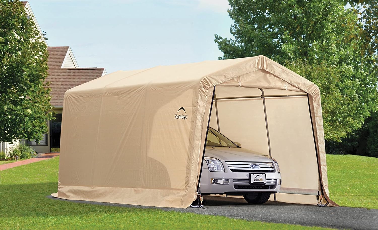 ShelterLogic Peak Style Roof Instant Garage Carport Car Canopy with Steel Frame and Waterproof UV-Treated Cover