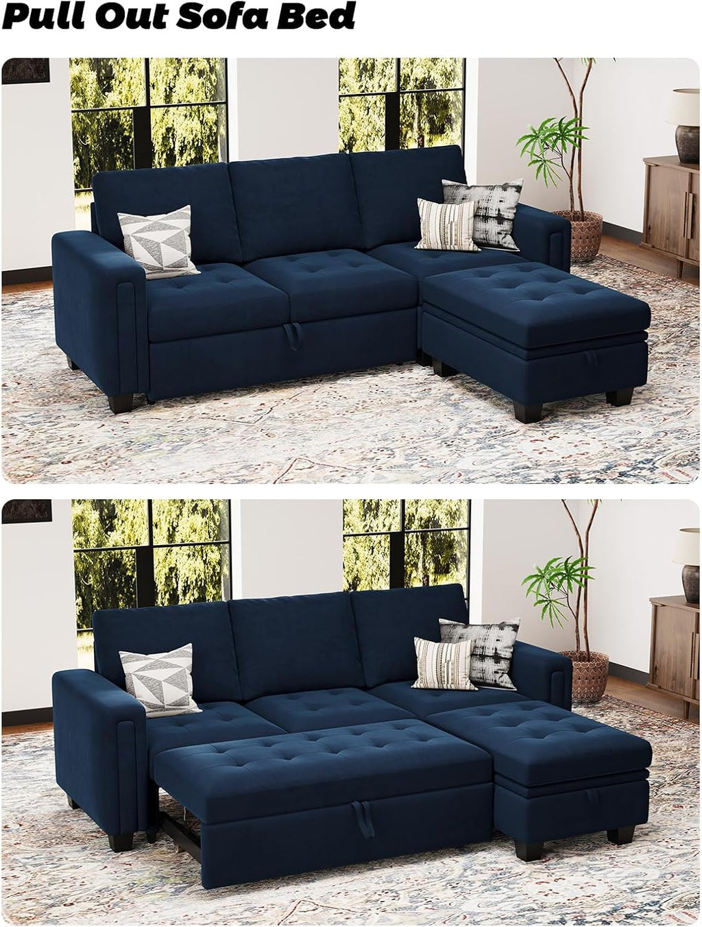 Belffin Sectional Sleeper Sofa with Pull Out Couch Bed Modular Sectional Sofa with Storage Velvet L Shaped Couch Sleeper Bed Blue