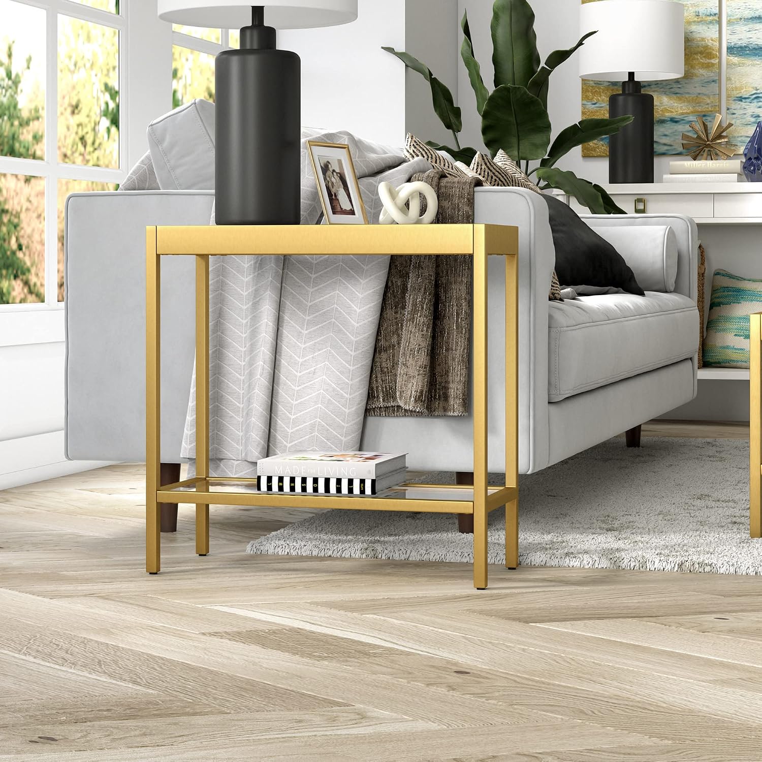 Henn&Hart 24' Wide Rectangular Rectangular Side Table in Brass, Table for Living Room, Bedroom