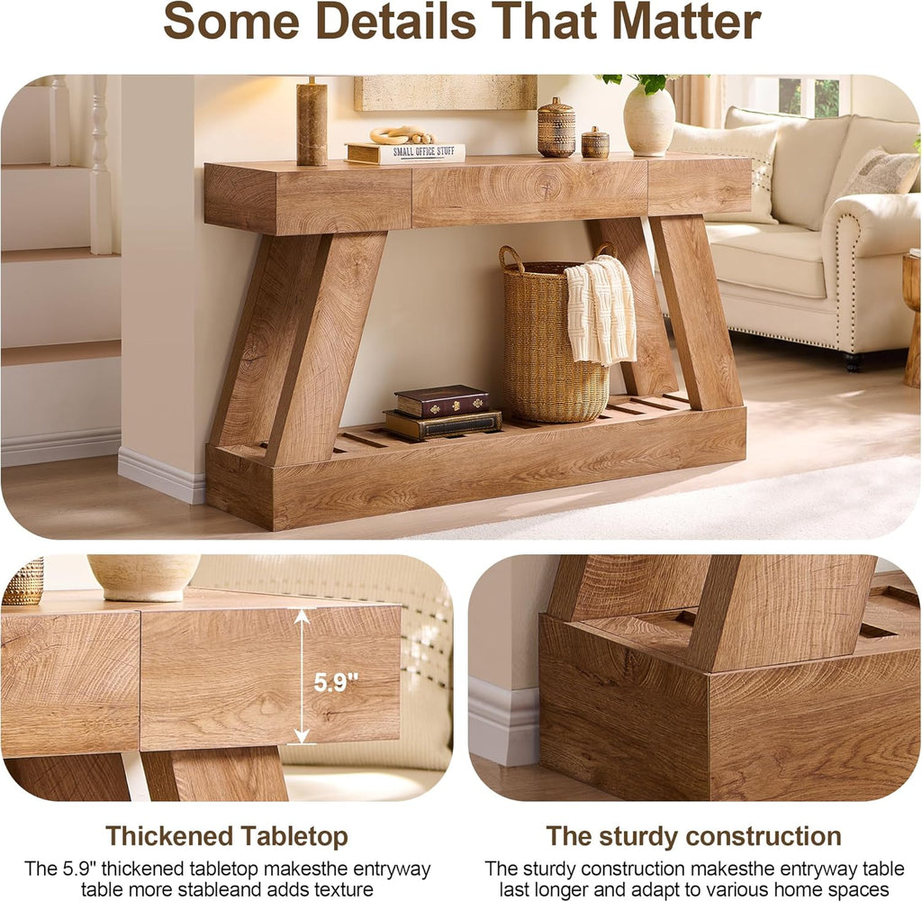 60' Farmhouse Entryway Table with Drawer, Wooden Hallway Foyer Table with Heavy Duty Base, Sofa Table for Living Room(Light Knotty Oak)
