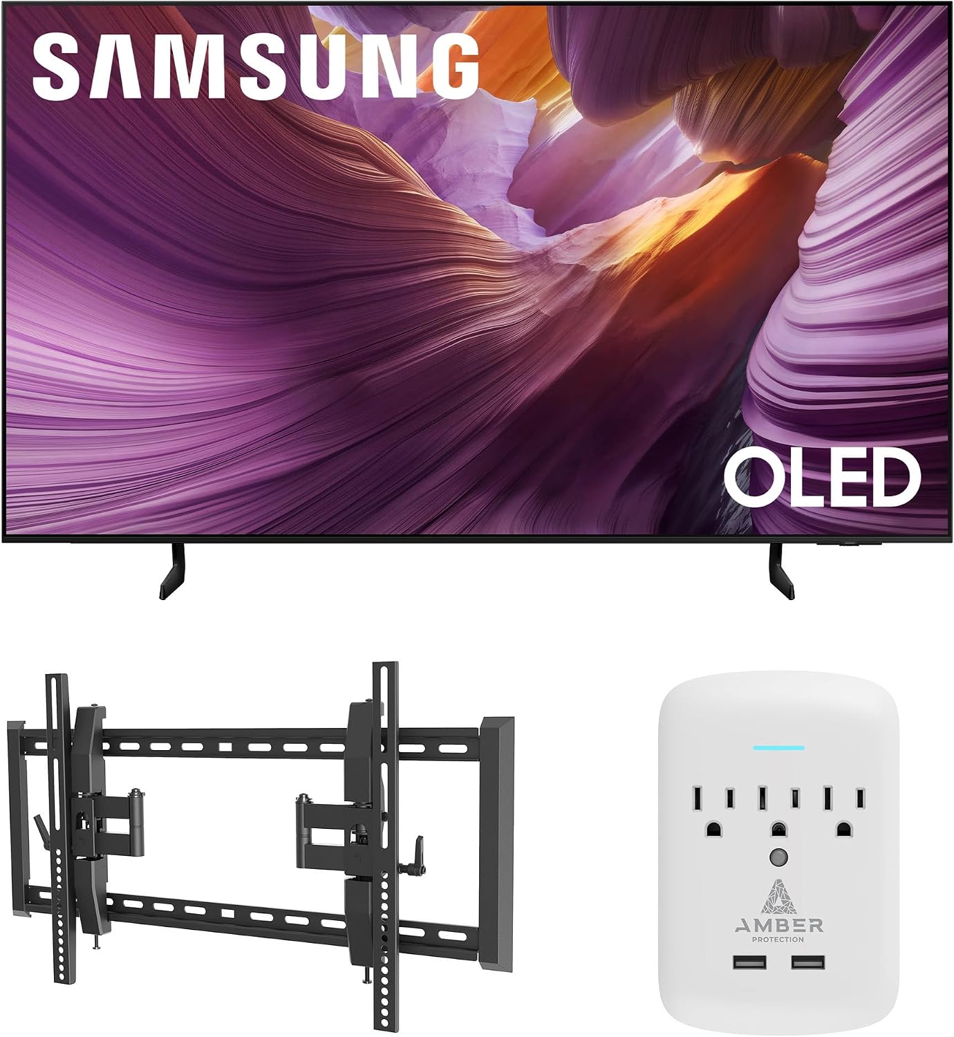 Samsung QN55S85FAFXZA 55 Inch OLED HDR 4K Smart TV with a Walts TV TILT-EXTENSION-37-90 Tilt Mount for 37'-90' TVs and Amber Protection 3-Outlet-Surge Surge Protector (2025)