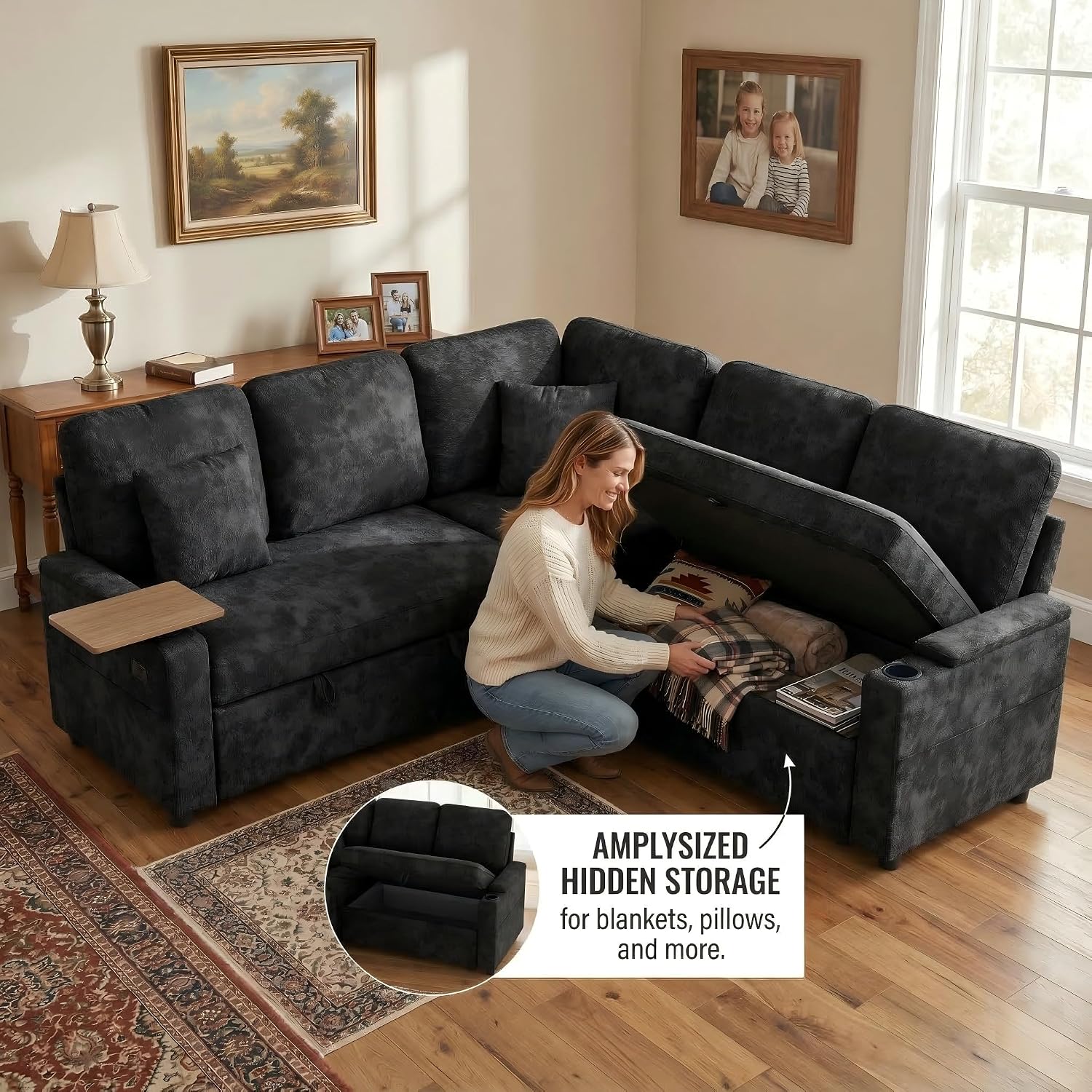 81' Modular Sectional Sofa, L Shaped 5-Seater Sleeper Sofa with Pull Out Bed, Hidden Storage, Cup Holders & USB Charging Ports, Sectional Couches for Living Room, Chenille, Black