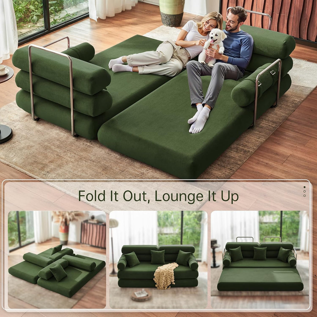 YINIX Convertible Sleeper Sofa - 35'' High-Back Floor Couch Bed - Folding Sofa Bed with Rounded Arm Supports - Floor Sofa Lounge Sofa Bed for Living Room - Green