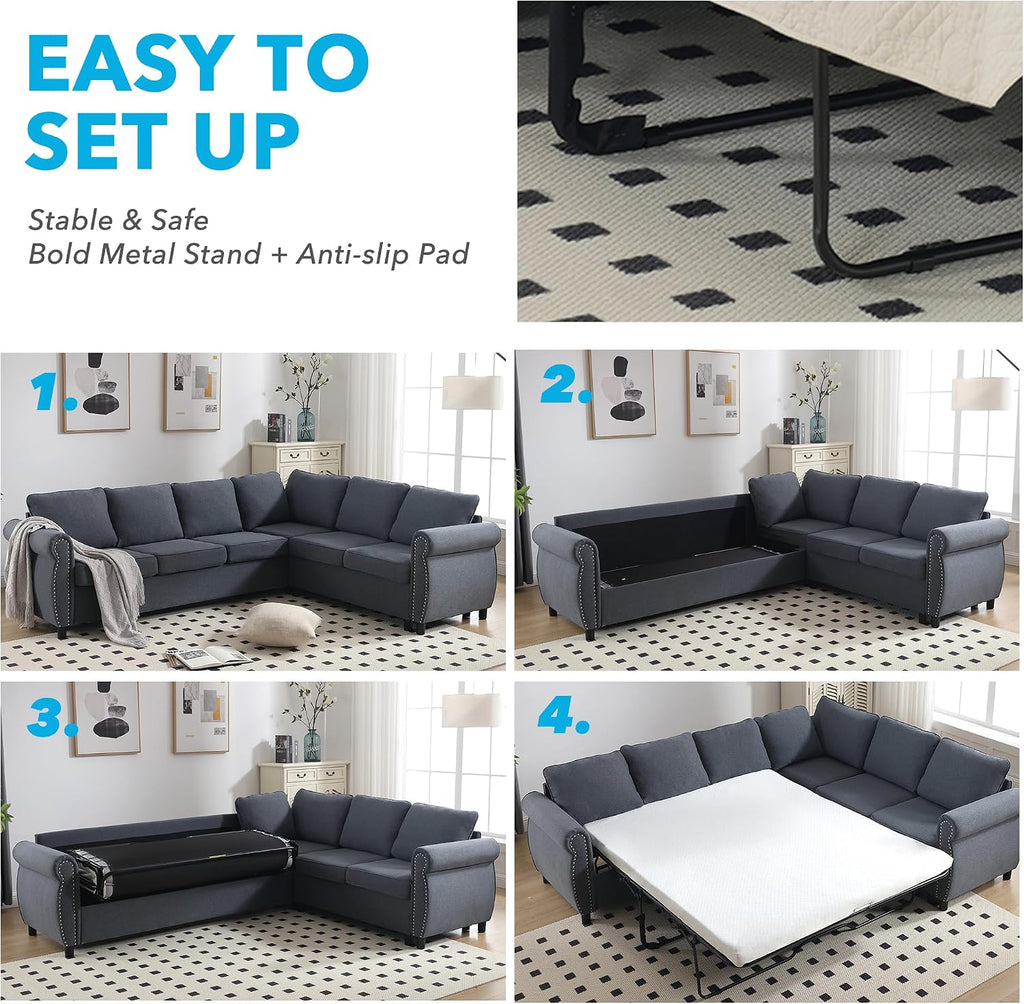 Sleeper Sofa Bed, Pull Out Couch with Mattress, 104'' 6 Seater Upholstery Sectional Couches, Modern Comfy L Shape Sofa Couch, Living Room Furniture for Living Room, Apartment, Studio, Grey
