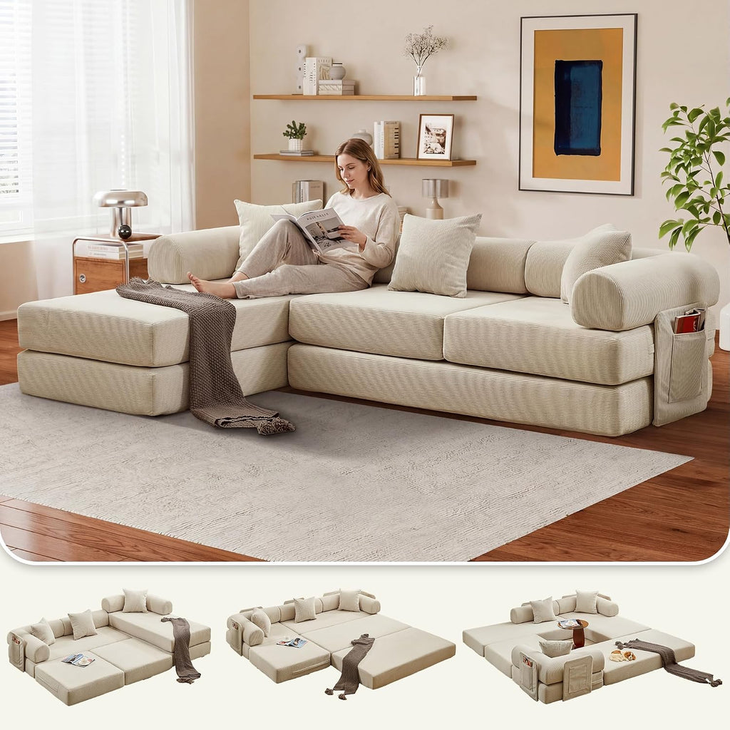 L Shaped Modular Sofa Bed with Cylindrical Pillow & Reversible Chaise, Corduroy Folding Floor Convertible Sofa Couch Bed with Fixed-Shape Frame & Storage Pocket for Living Room, Beige