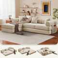 L Shaped Modular Sofa Bed with Cylindrical Pillow & Reversible Chaise, Corduroy Folding Floor Convertible Sofa Couch Bed with Fixed-Shape Frame & Storage Pocket for Living Room, Beige