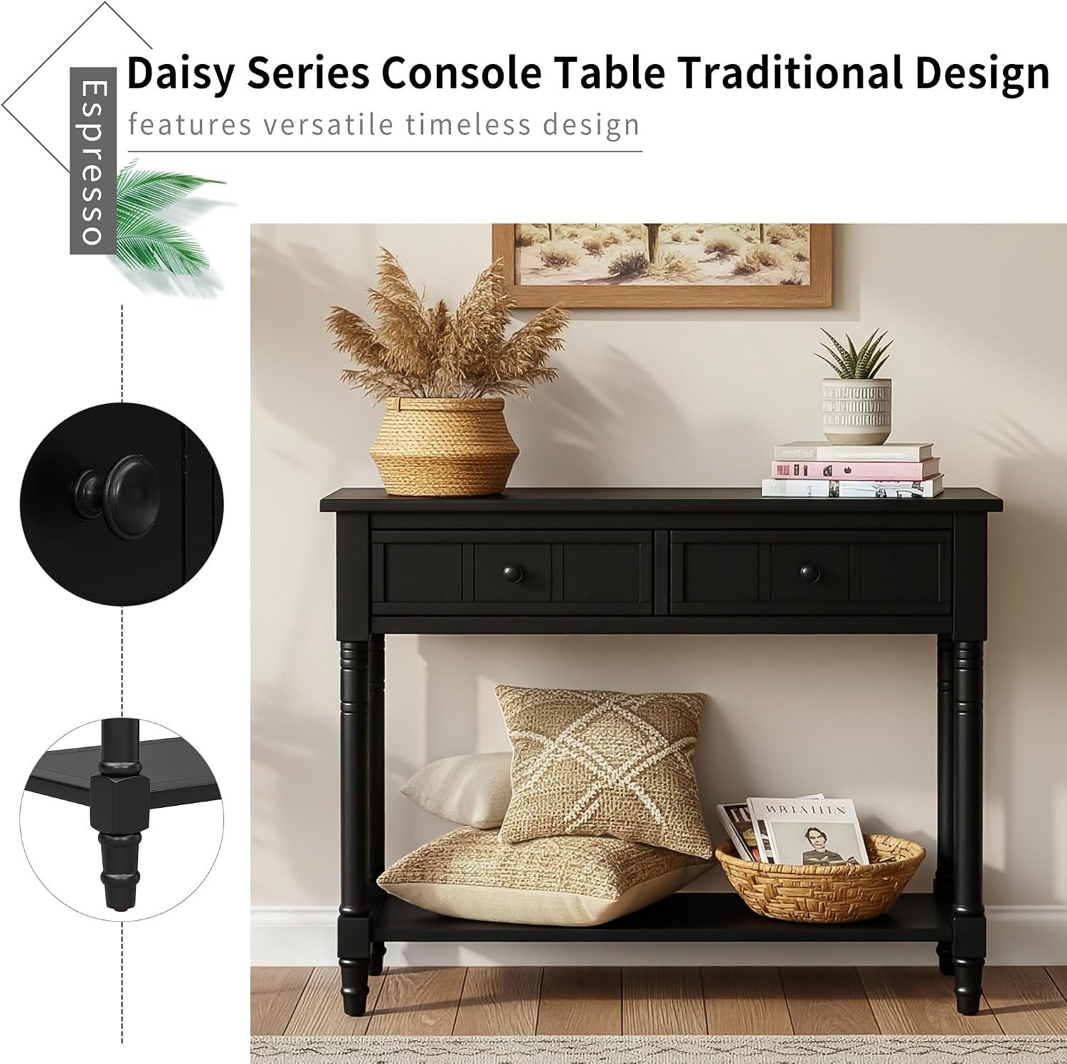 Knocbel Antique Entry Console Table with 2 Drawers & Bottom Open Shelf, Wood Sofa Tables for Entryway Hallway Living Room, 35.34' W x 13.8' D x 30.25' H, Black