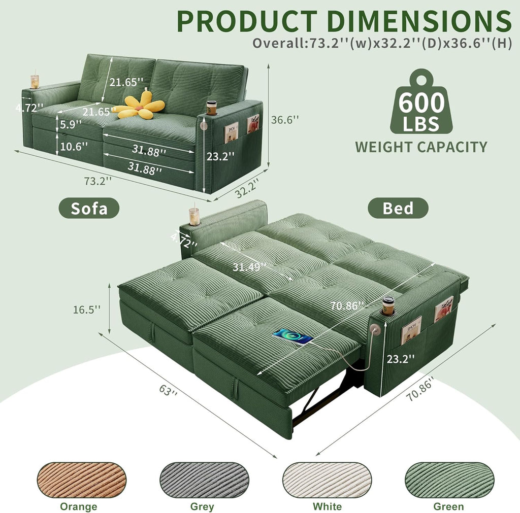 73' Queen Size Sofa Bed, Loveseat Sleeper Sofa with Pull Out Bed, Pockets and USB, Modern 2 Seater Convertible Small Couch for Living Room Bedroom Apartment (Green, Corduroy)