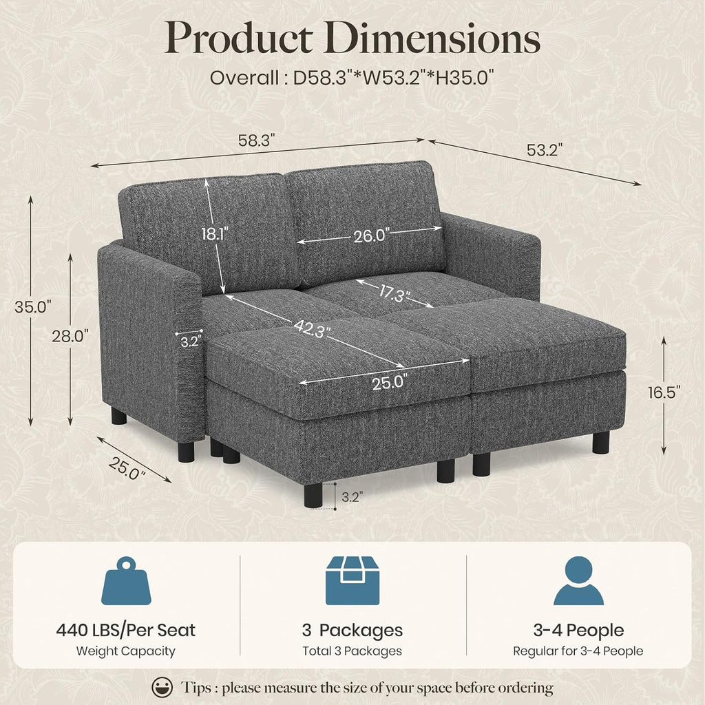 Belffin 58.3' Modular Sectional Sofa 4 Seats Sleeper Sofa Washable Sectional Couches for Living Room Comfy Couches with Storage Seat Couch Sofas with Chaise,Grey