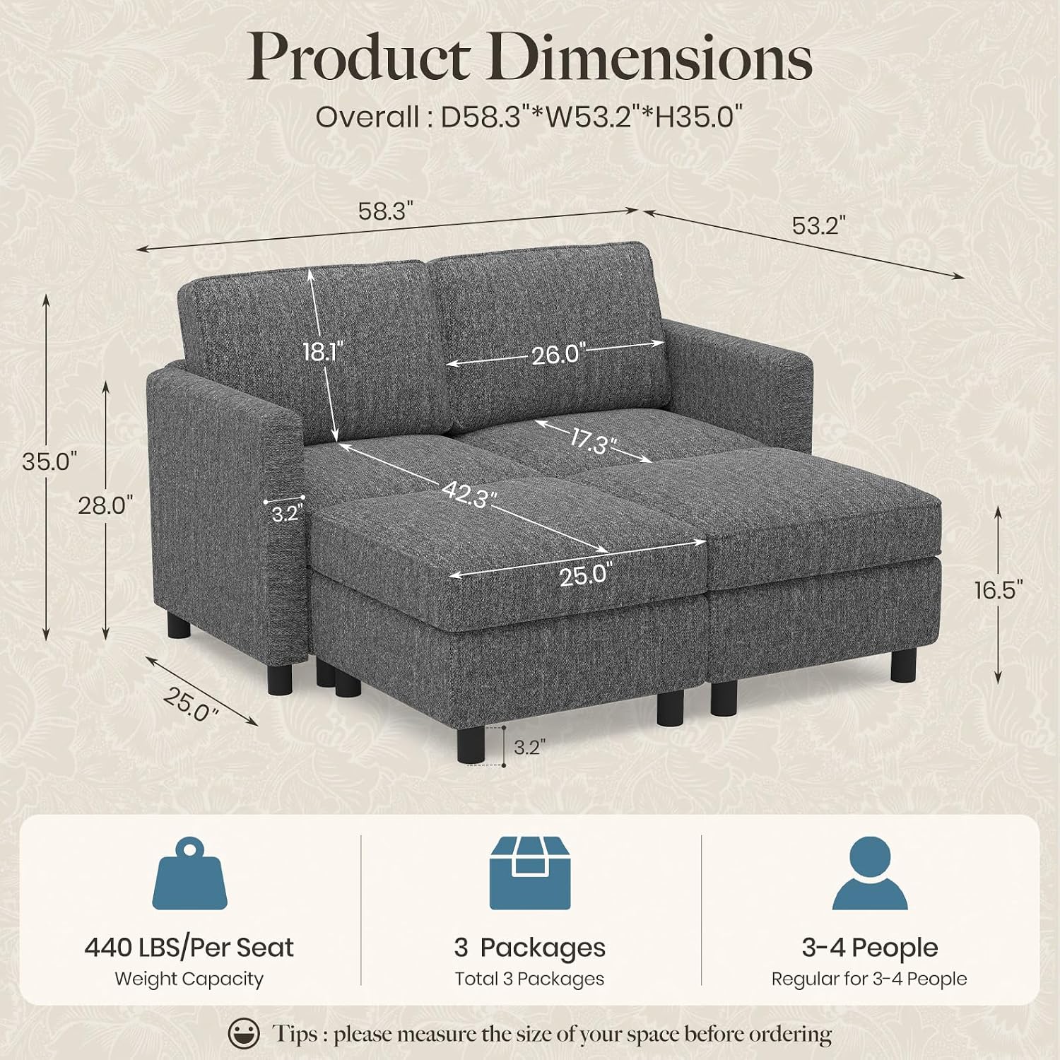 Belffin 58.3' Modular Sectional Sofa 4 Seats Sleeper Sofa Washable Sectional Couches for Living Room Comfy Couches with Storage Seat Couch Sofas with Chaise,Grey