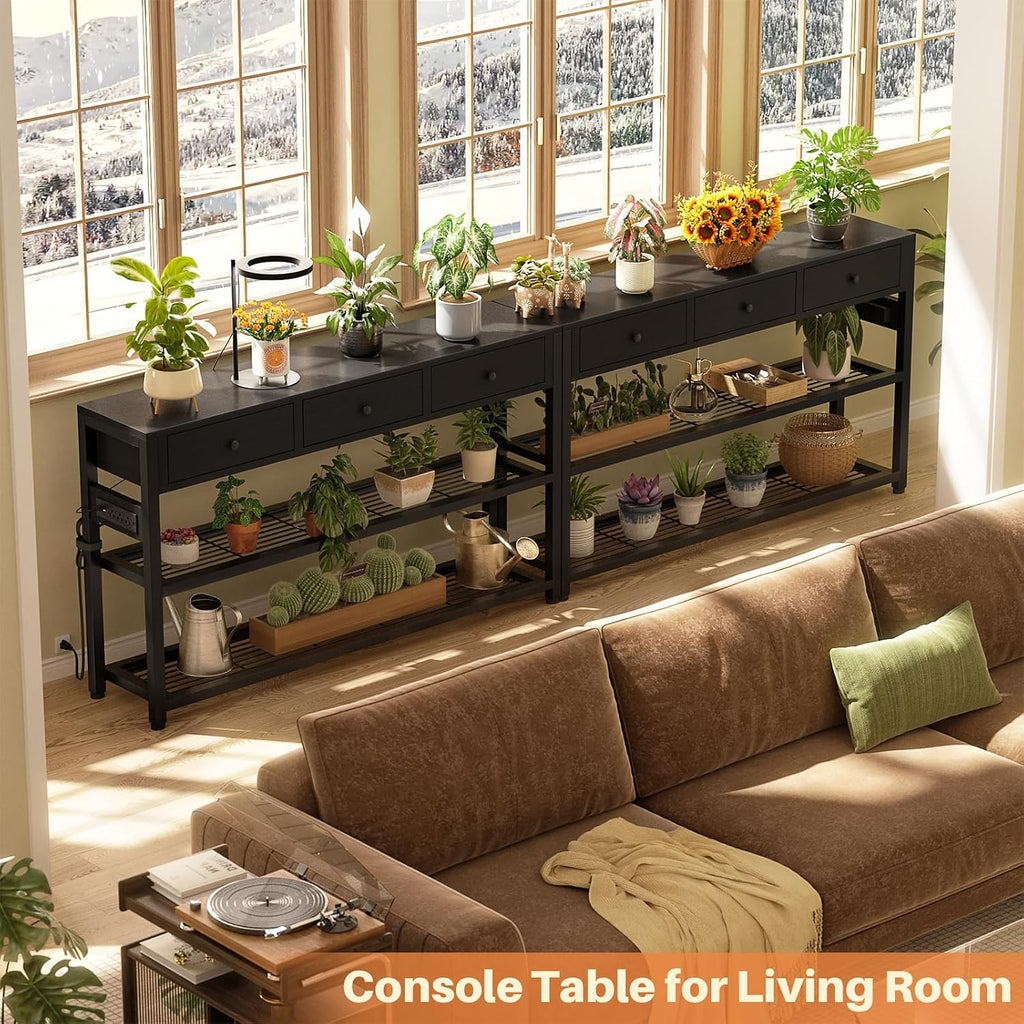 Ecopriso 47'' Entryway Table with Outlets and USB Ports, Console Table with 3 Drawers, Sofa Table Narrow Long with Storage Shelves for Living Room, Couch, Hallway, Foyer, Kitchen Counter, Black