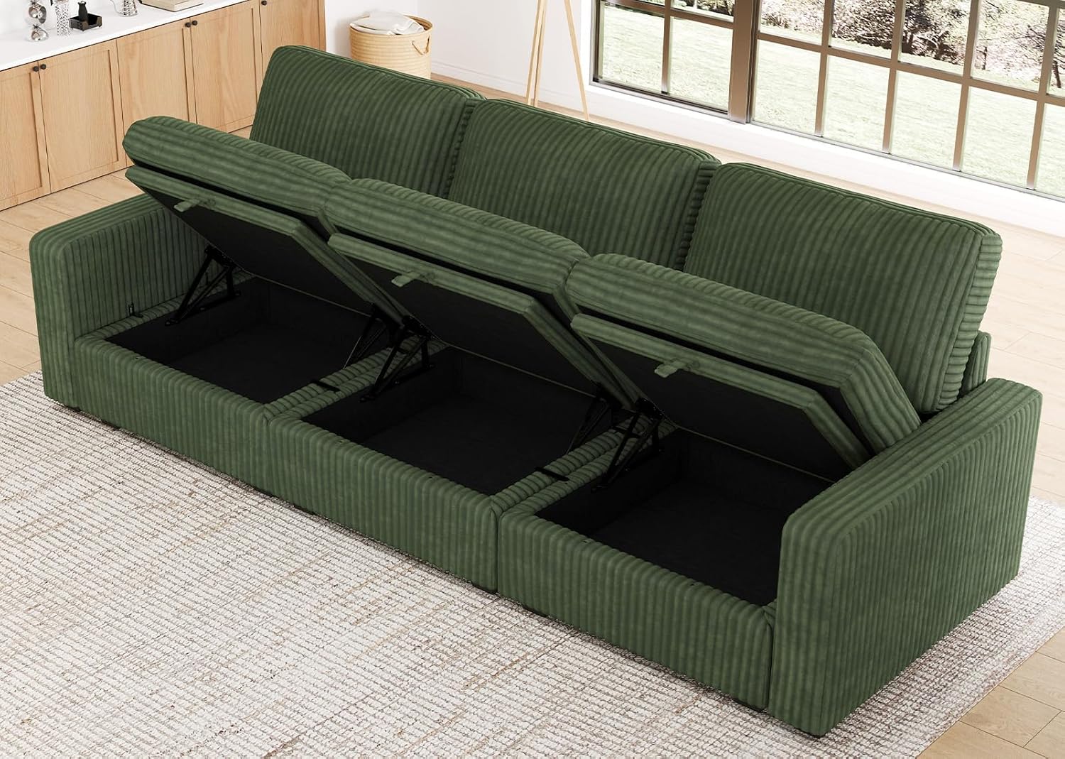 Belffin Modular Sectional Sofa with Storage Seat, Oversized Cloud Couch Sectional with Extra Deep Seat, Comfy 3 Seater Sectional Couches for Living Room, Plush Corduroy Green
