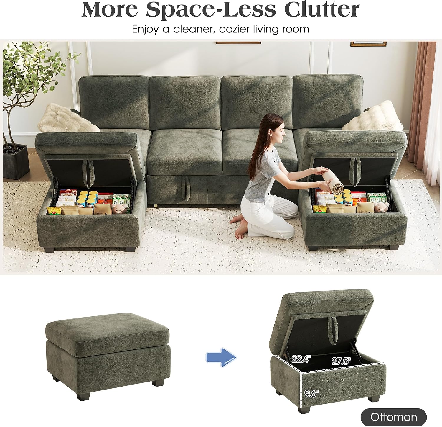 Ihanherry L-Shaped Sectional Sofa Bed, 6-Seater Convertible Pull Out Sleeper with Storage Ottoman, USB Charging Ports & Wide Armrests, Premium Chenille Fabric for Large Living Room, Apartment（Gray）