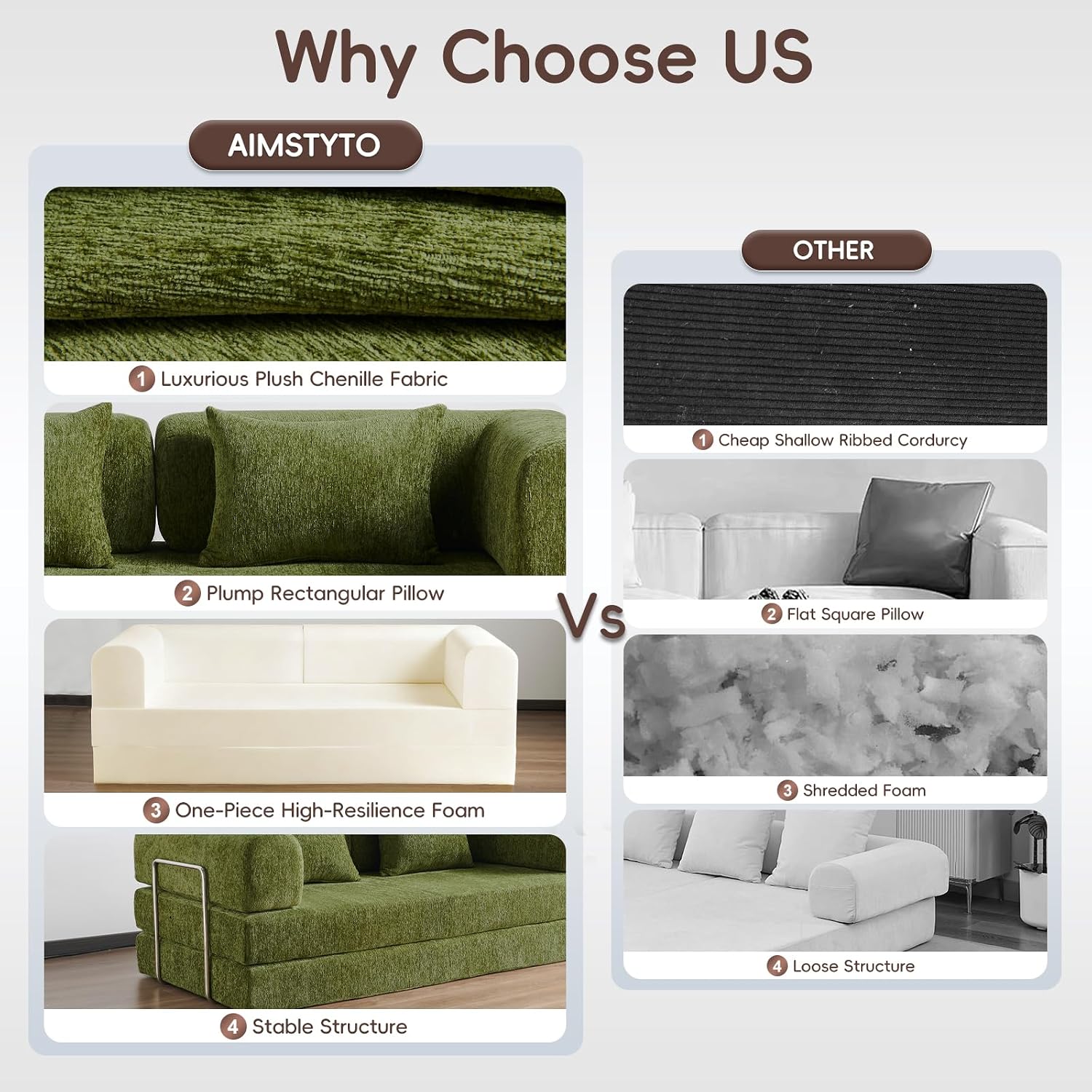 5-in-1 Convertible Folding Sofa Bed, 79' Queen Chenille Boneless Couch with Removable Armrests, No Assembly Loveseat Sleeper Sofa, Modular Futon Couch for Living Room & Bedroom, Green