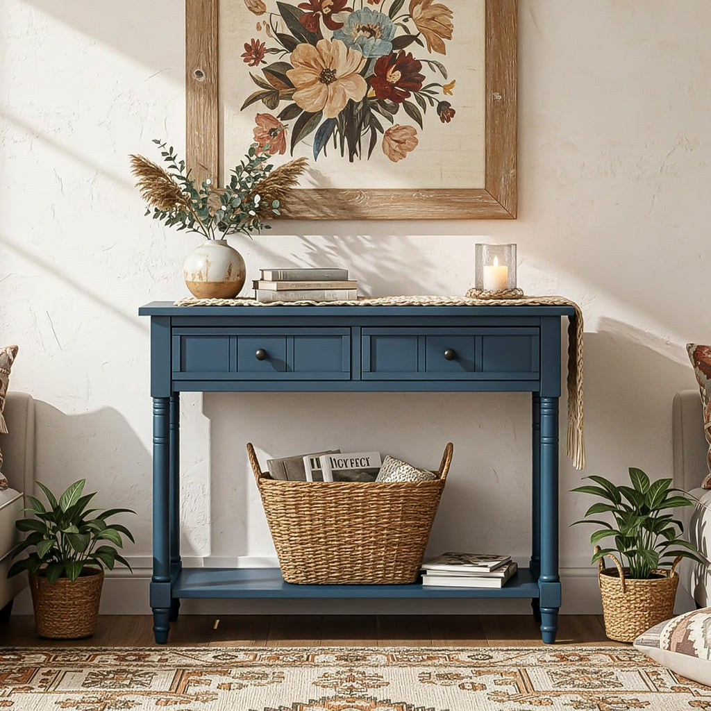 Knocbel Antique Entry Console Table with 2 Drawers & Bottom Open Shelf, Wood Sofa Tables for Entryway Hallway Living Room, 35.34' W x 13.8' D x 30.25' H, Dark Navy