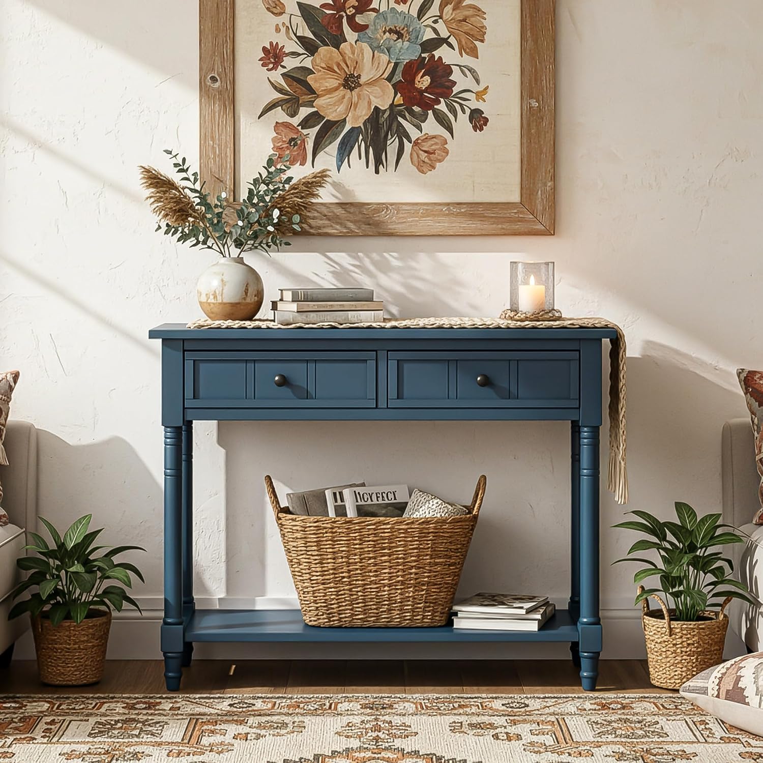 Knocbel Antique Entry Console Table with 2 Drawers & Bottom Open Shelf, Wood Sofa Tables for Entryway Hallway Living Room, 35.34' W x 13.8' D x 30.25' H, Dark Navy