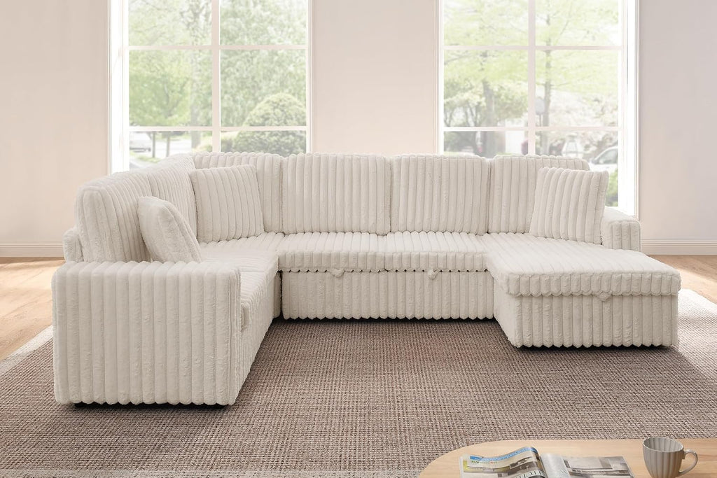 THSUPER 114-Inch Oversized U Shaped Plush Corduroy Fluffy Sectional Sleeper Sofa with Pull Out Bed and Storage Chaise Lounge - Beige