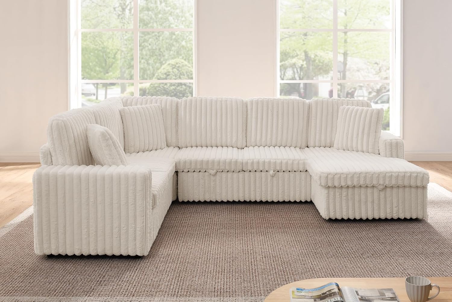 THSUPER 114-Inch Oversized U Shaped Plush Corduroy Fluffy Sectional Sleeper Sofa with Pull Out Bed and Storage Chaise Lounge - Beige