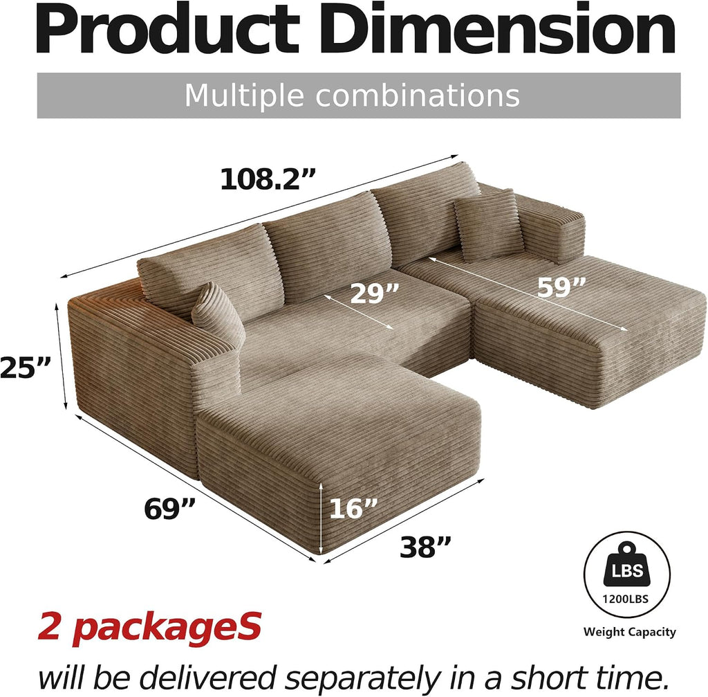 CHORRO107''Sectional Cloud Couch for Livingroom,Modular Corduroy Boneless Couch, U-Shaped Sofa with Chaise and Pillows,4-Deep Seat Sectional Sofa with 2 Ottoman,No Assembly(Camel)