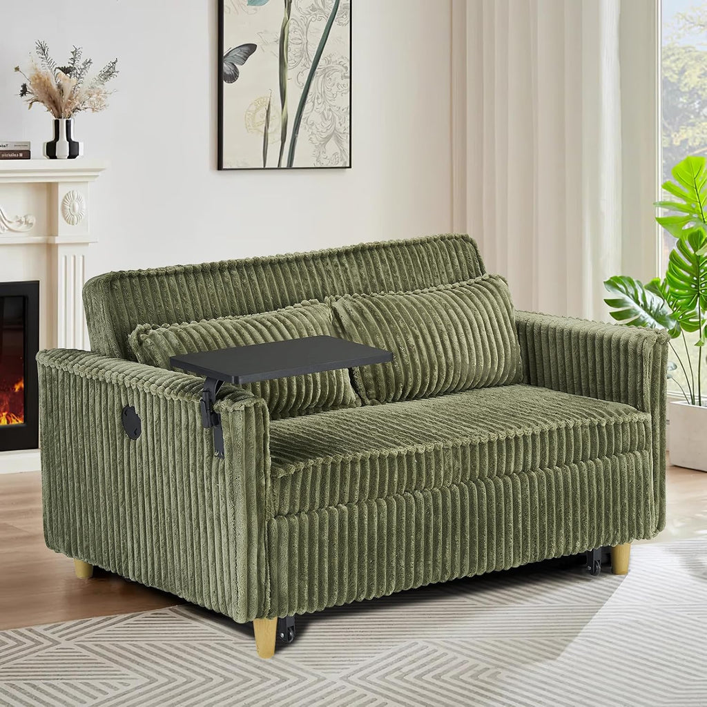 54'W Convertible Sleeper Sofa Bed,3-In-1 Corduroy Pull Out Couch Bed,Futon Loveseat Sleeper Couch with Adjustable Backrest & USB Ports & Side Table,Recliner for Living Room/Office/Small Space(Green)