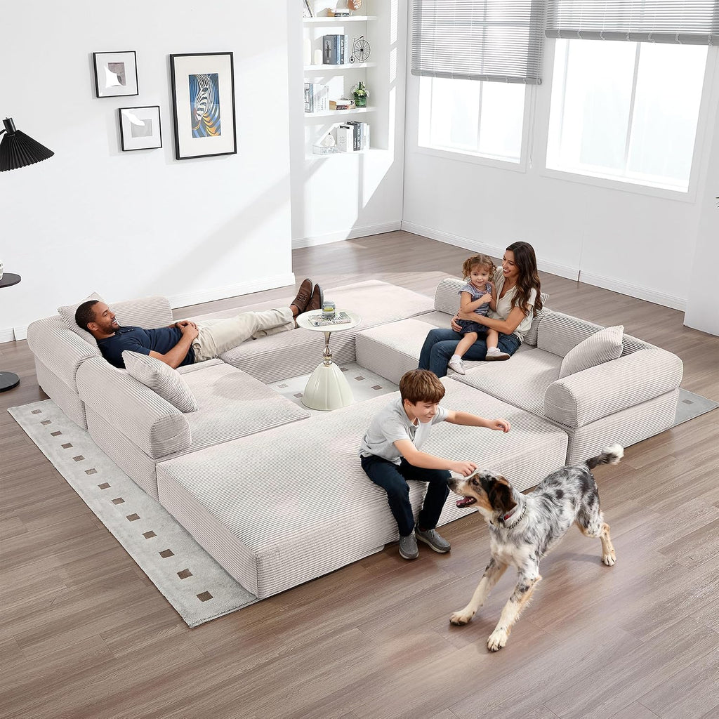 Oversized Modular Cloud Couch for Living Room, Corduroy L-Shaped Sectional Sleeper Sofa Bed with Fixed-Shape Frame, Modern Boneless Couch with Pillows & Storage, Beige White