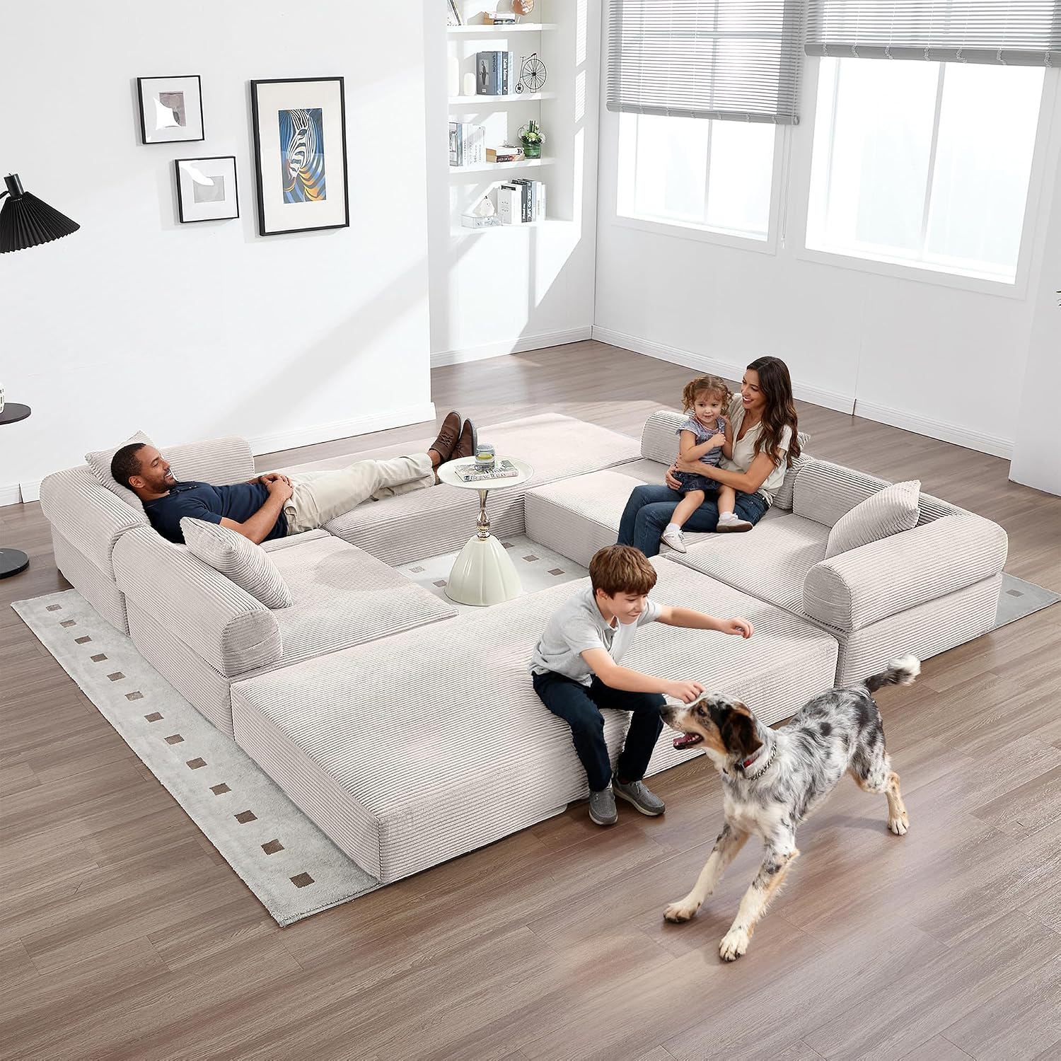Oversized Modular Cloud Couch for Living Room, Corduroy L-Shaped Sectional Sleeper Sofa Bed with Fixed-Shape Frame, Modern Boneless Couch with Pillows & Storage, Beige White