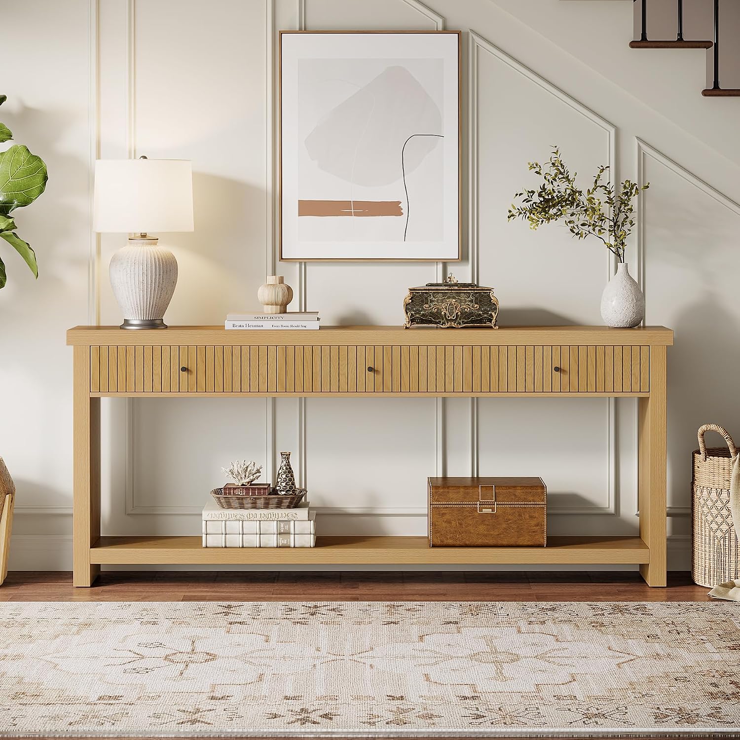 Tribesigns 70.9 inch Console Table with 3 Drawers, Extra Long Entryway Table, Wood Sofa Table Oak Furniture with Open Storage Shelves Wooden Couch Table Foyer Tables for Living Room Hallway Entrance
