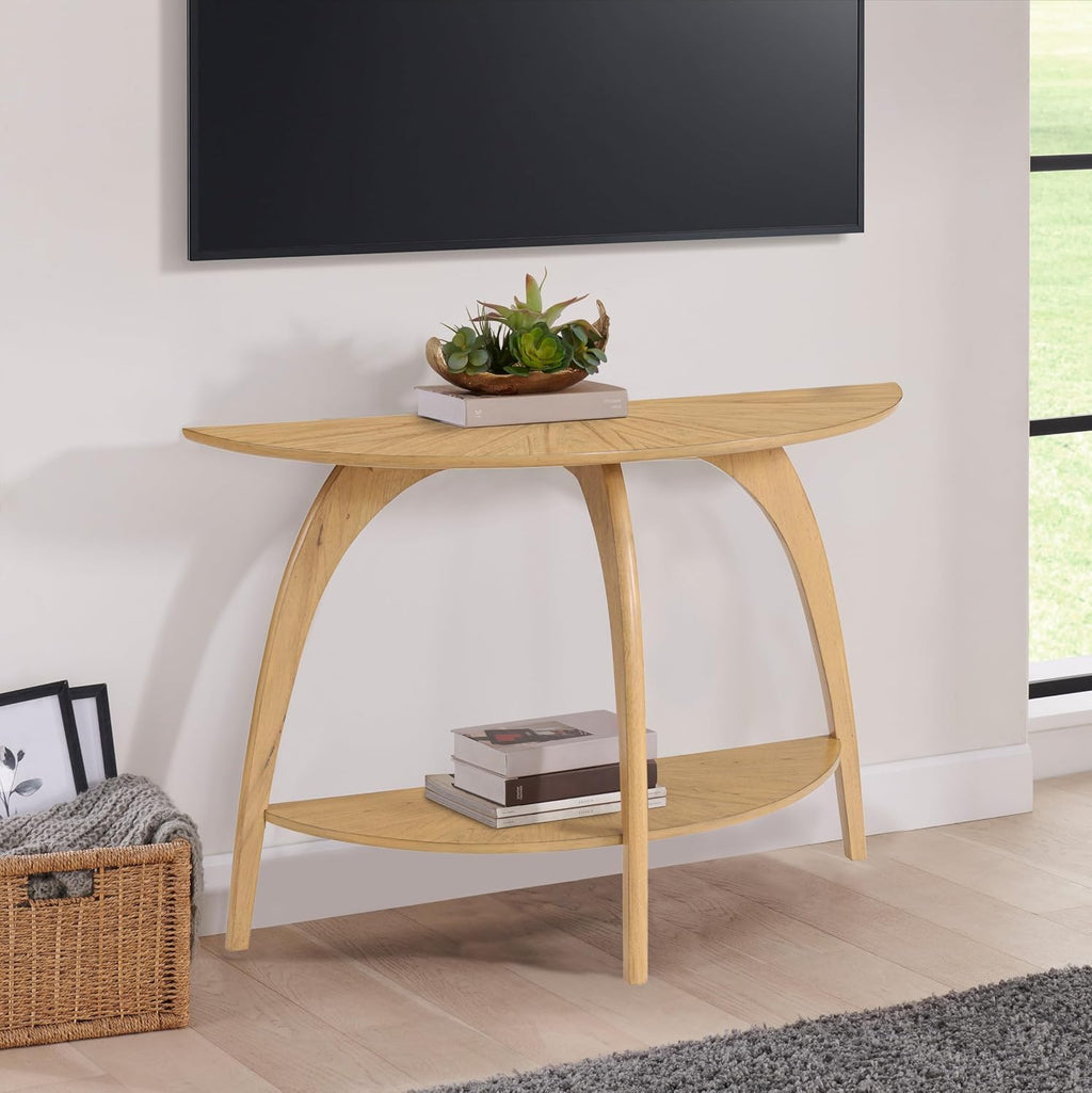 Martin Svensson Home LAX Retro Mid-Century Modern Half-Moon Wood Sofa Table with Lower Shelf, Console Table for Living Room or Entryway. Light Wood Blonde.