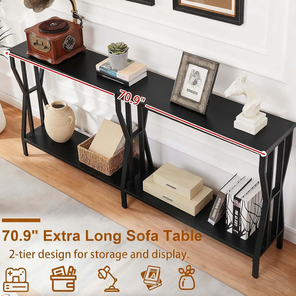 HOMISSUE Sofa Console Table, 70.9' Extra Long Sofa Table with 2-Tier Storage, Industrial Narrow Console Tables Behind Couch, Hallway Table for Entryway, Living Room, Black