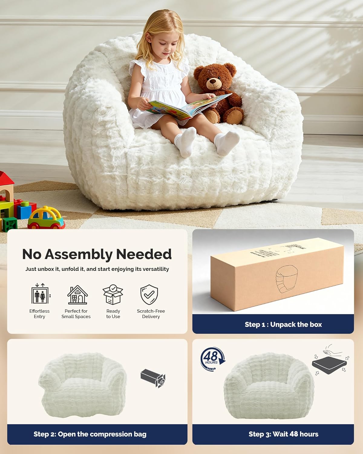 KINGYES Giant Bean Bag Chair, Fluffy Bean Bag Chair with Armrest, Memory Foam Beanbag for Adults, Beige(Pillow not Included)
