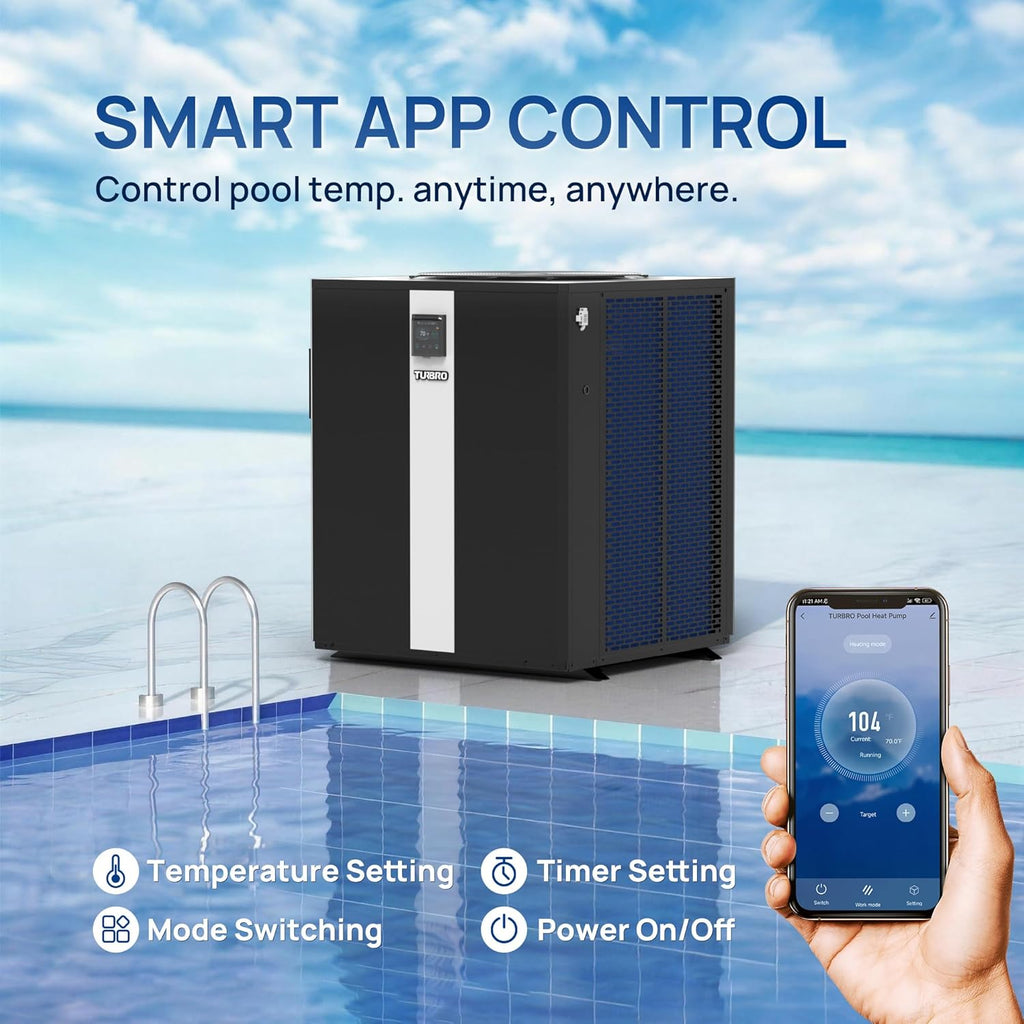 TURBRO 143,450 BTU Full DC Inverter Swimming Pool Heat Pump, Up to 40,000 Gallons, WiFi Control Pool Heater for in/Above Ground Pools and Spas, Max. COP of 14.67, 220-240V, Beluga B160V