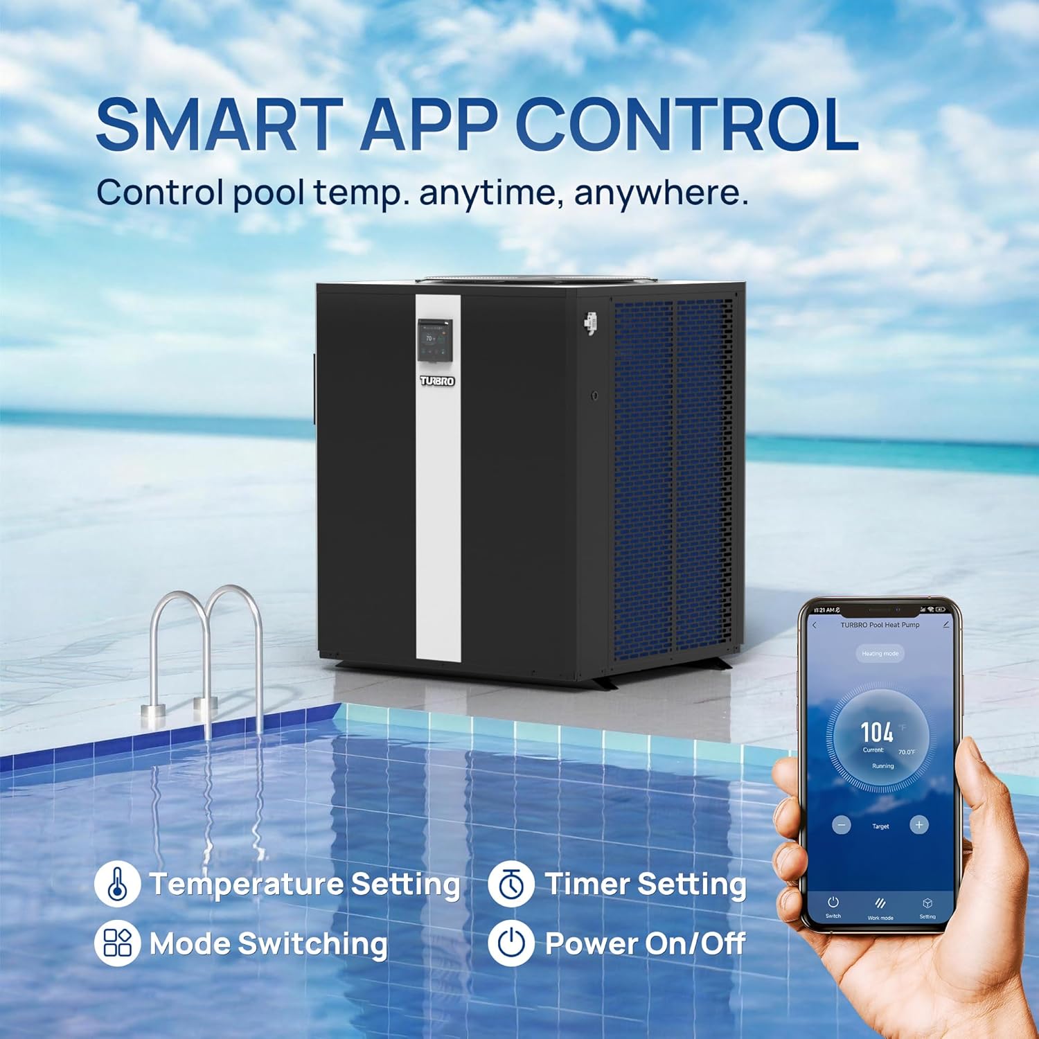 TURBRO 143,450 BTU Full DC Inverter Swimming Pool Heat Pump, Up to 40,000 Gallons, WiFi Control Pool Heater for in/Above Ground Pools and Spas, Max. COP of 14.67, 220-240V, Beluga B160V