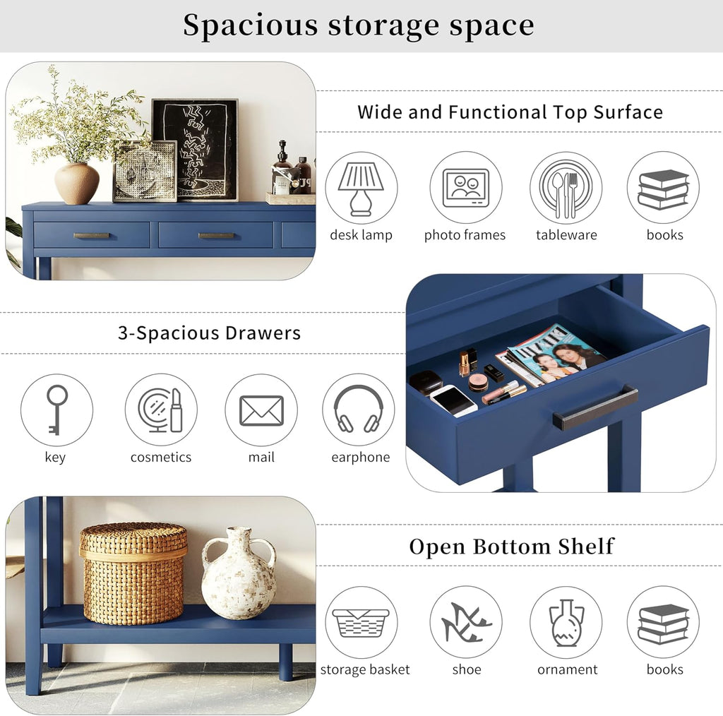 Merax Entryway Console Table, with 3 Storage Drawers, Bottom Shelf Design/Wood Frame/Behind Couch & Sofa, Blue