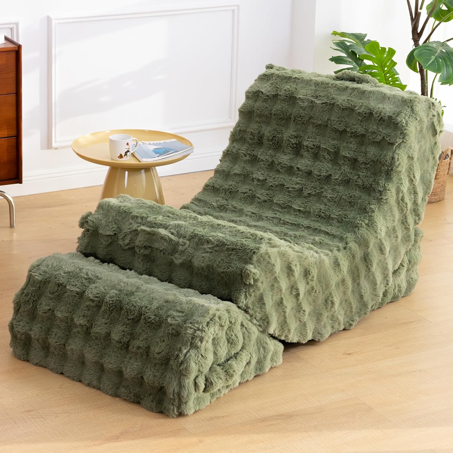 3-in-1 Adjustable Zero Gravity Floor Chair, Oversized Faux Fur Boneless Chair for Adults with Memory Foam & Washable Cover, Silent Rocker Recliner Lounge Chair for Reading, Nursing, Gaming, Green